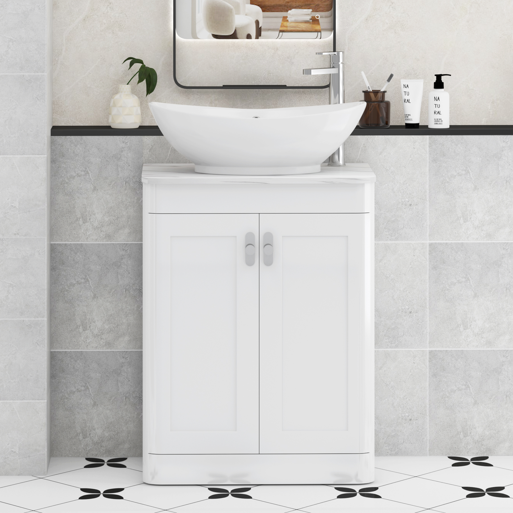 Henley Gloss White Floor Standing Vanity Unit 2 Door with Carrara White Worktop & Various Basins & Knobs