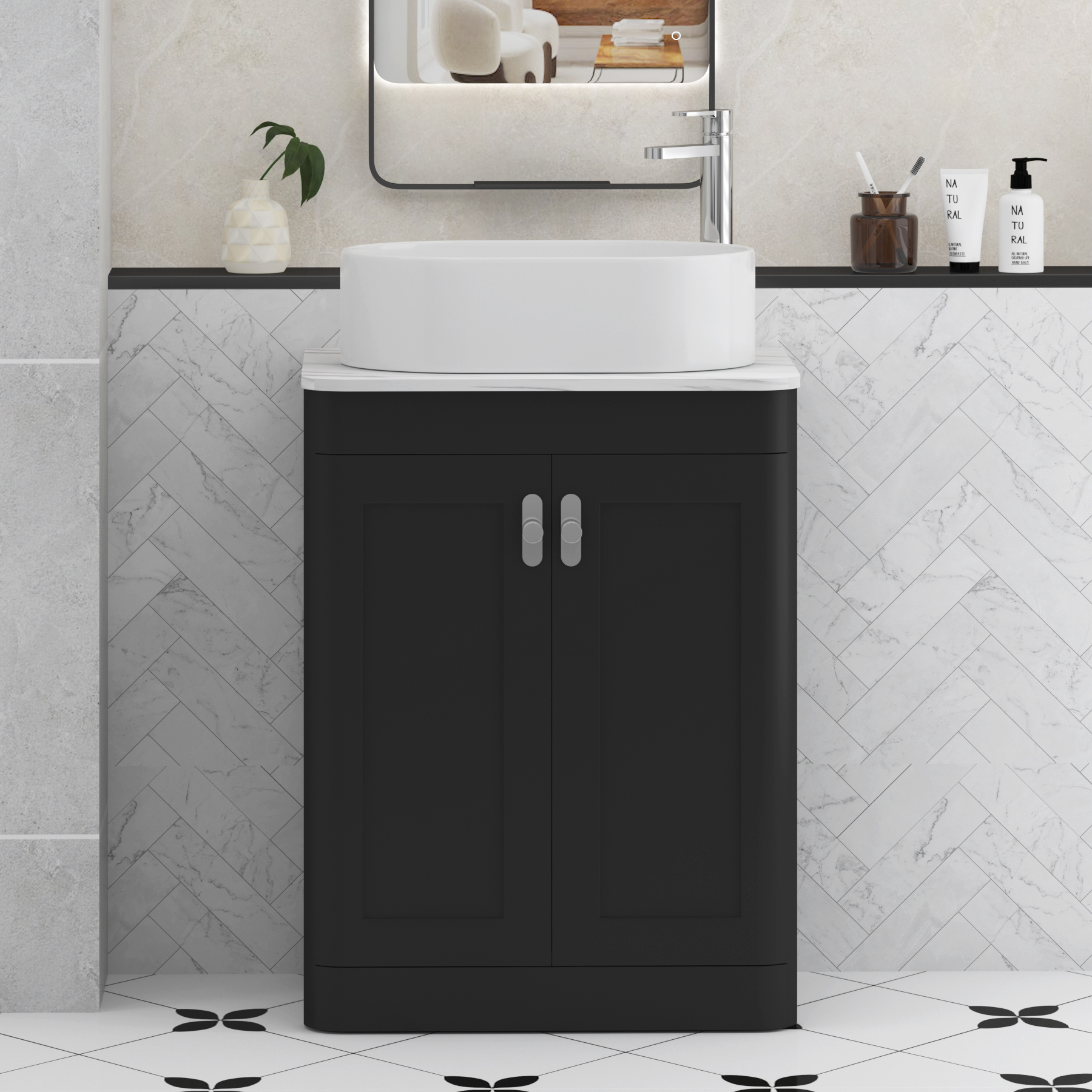 Henley Matt Nocturne Black Floor Standing Vanity Unit 2 Door with Carrara White Worktop & Various Basins & Knobs