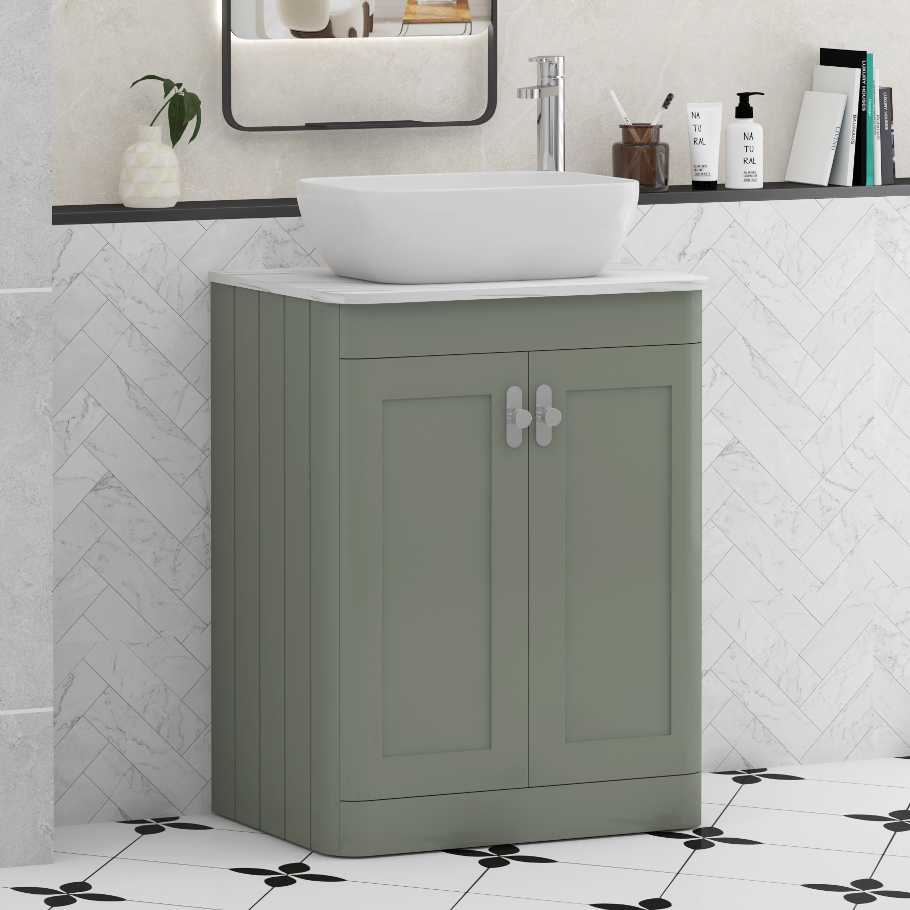 Henley Sage Green Floor Standing Vanity Unit 2 Door with Carrara White Worktop & Various Basins & Knobs