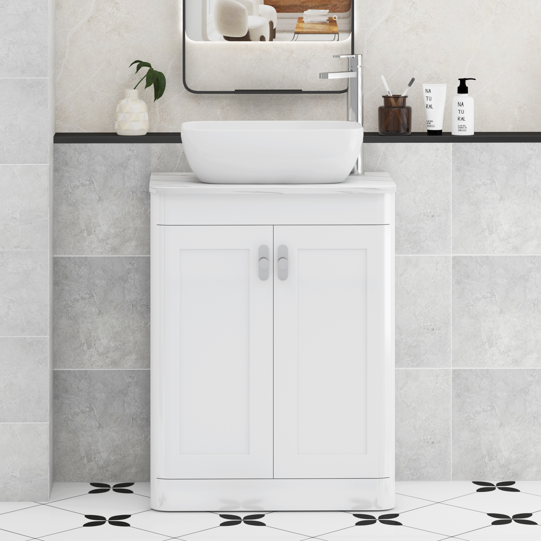 Henley Gloss White Floor Standing Vanity Unit 2 Door with Carrara White Worktop & Various Basins & Knobs
