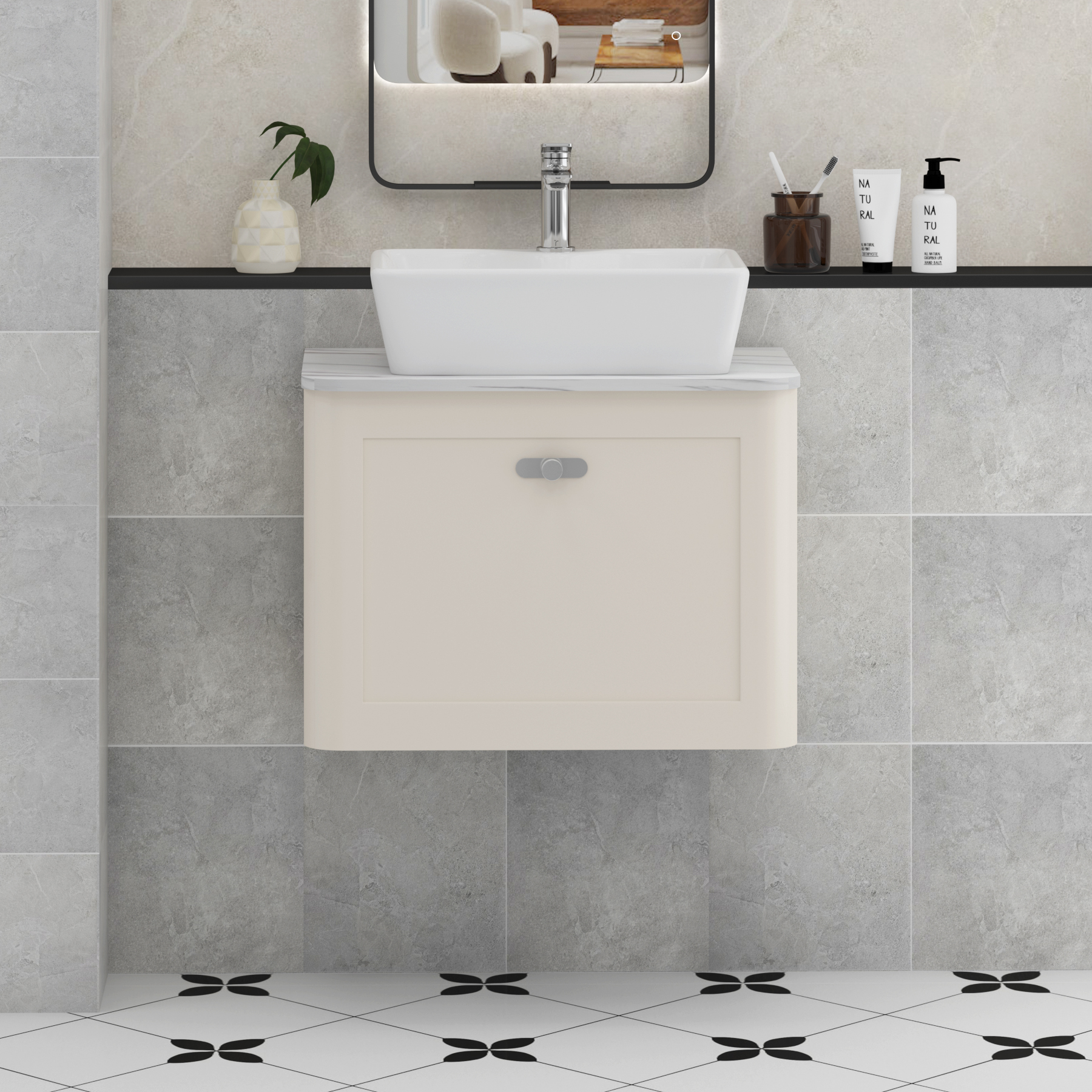 Henley Mushroom Cashmere Wall Hung Vanity Unit 1 Drawer with Carrara White Worktop & Various Basins & Knobs