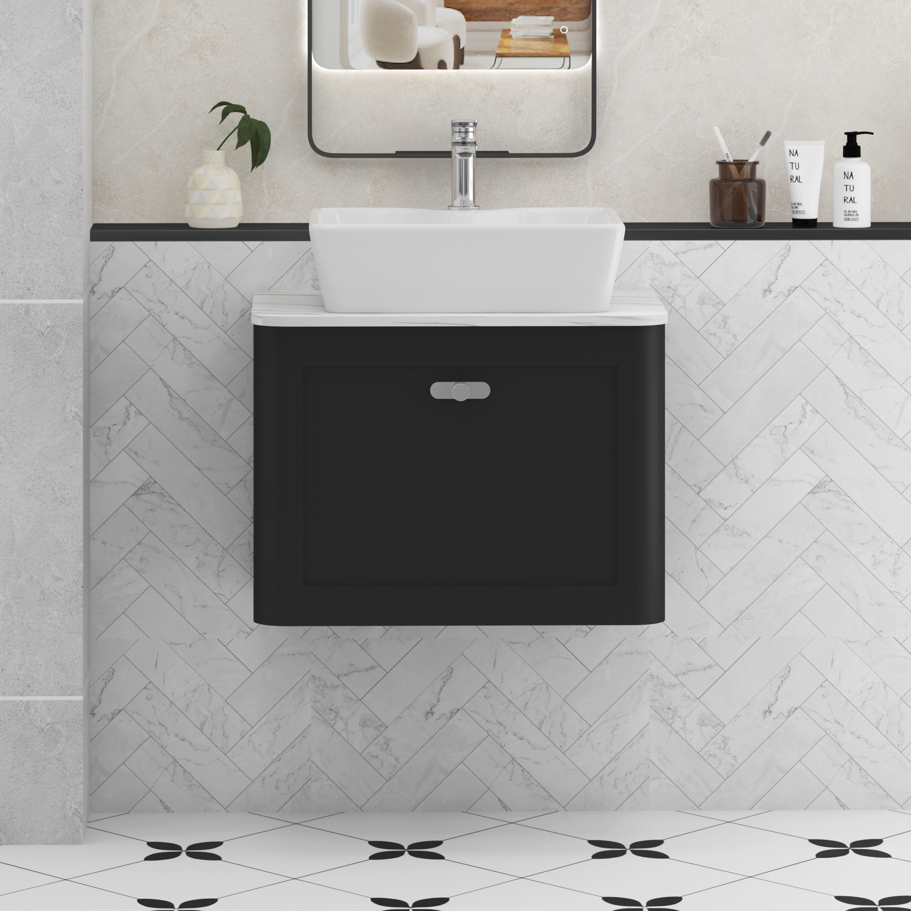 Henley Matt Nocturne Black Wall Hung Vanity Unit 1 Drawer with Carrara White Worktop & Various Basins & Knobs