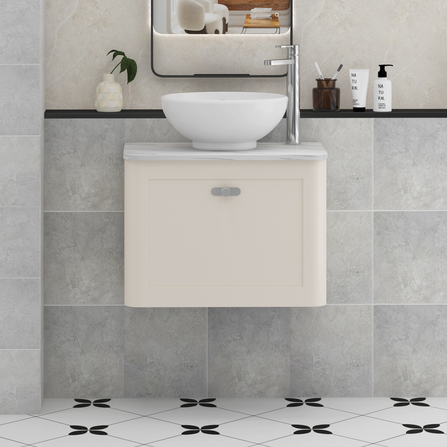 Henley Mushroom Cashmere Wall Hung Vanity Unit 1 Drawer with Carrara White Worktop & Various Basins & Knobs