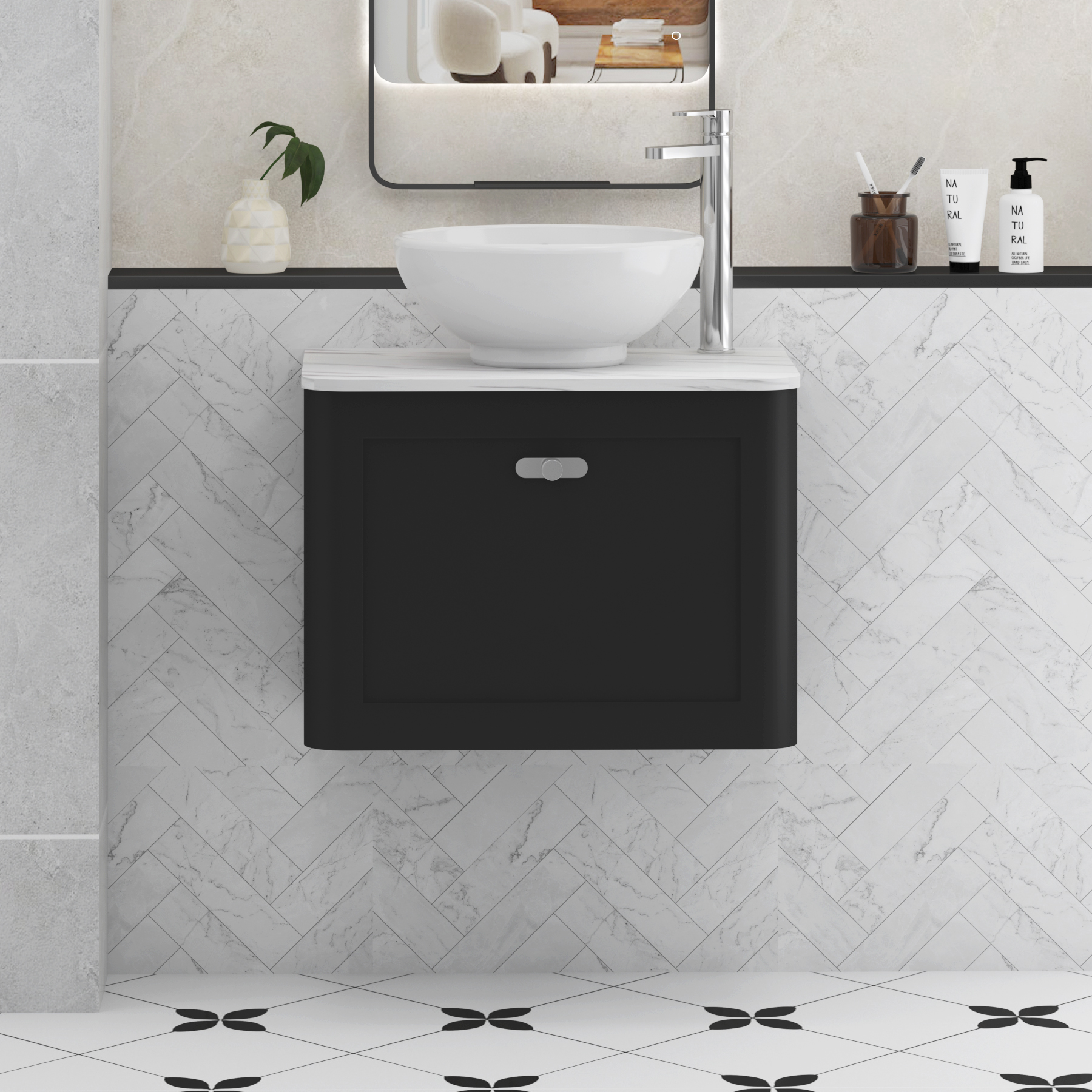 Henley Matt Nocturne Black Wall Hung Vanity Unit 1 Drawer with Carrara White Worktop & Various Basins & Knobs