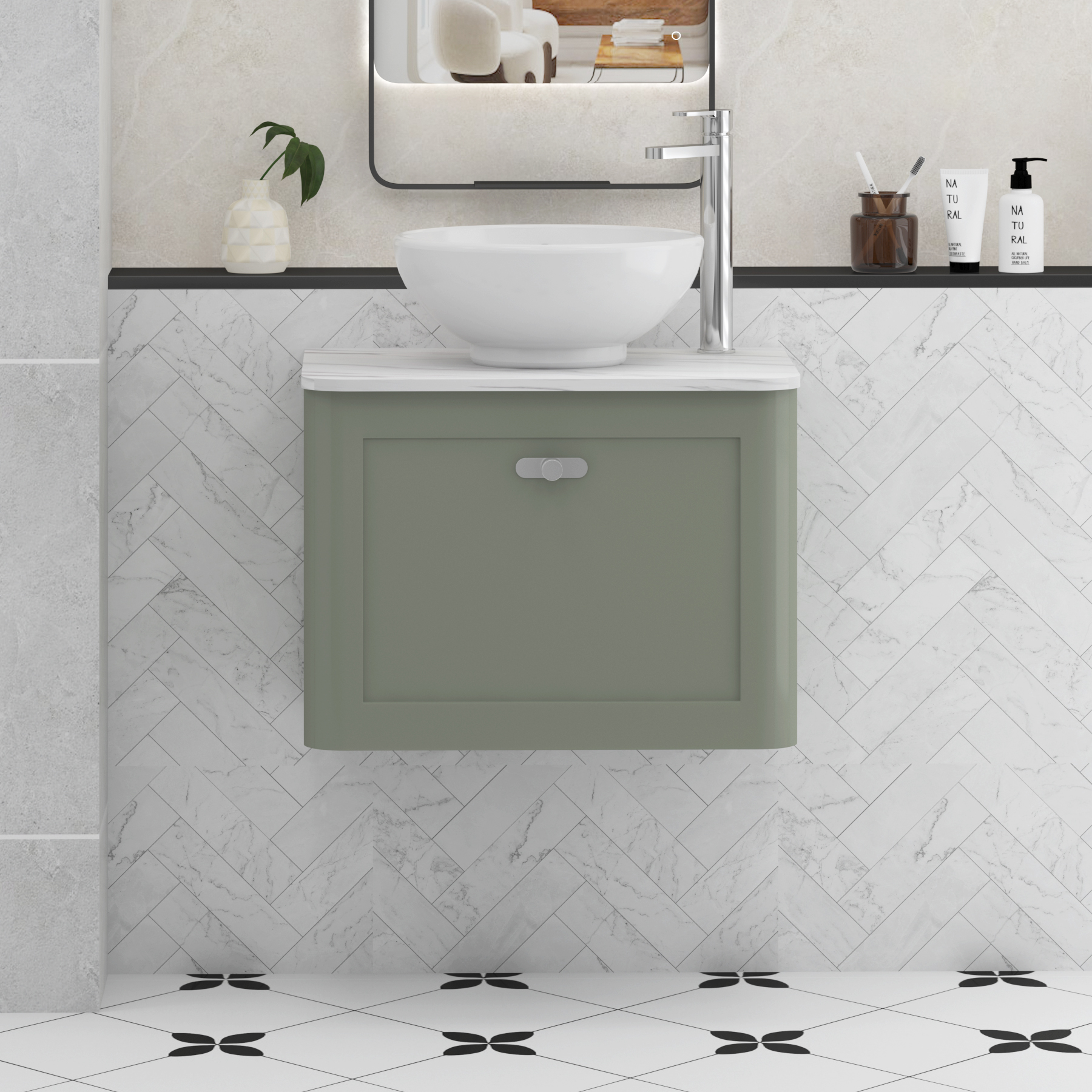 Henley Sage Green Wall Hung Vanity Unit 1 Drawer with Carrara White Worktop & Various Basins & Knobs