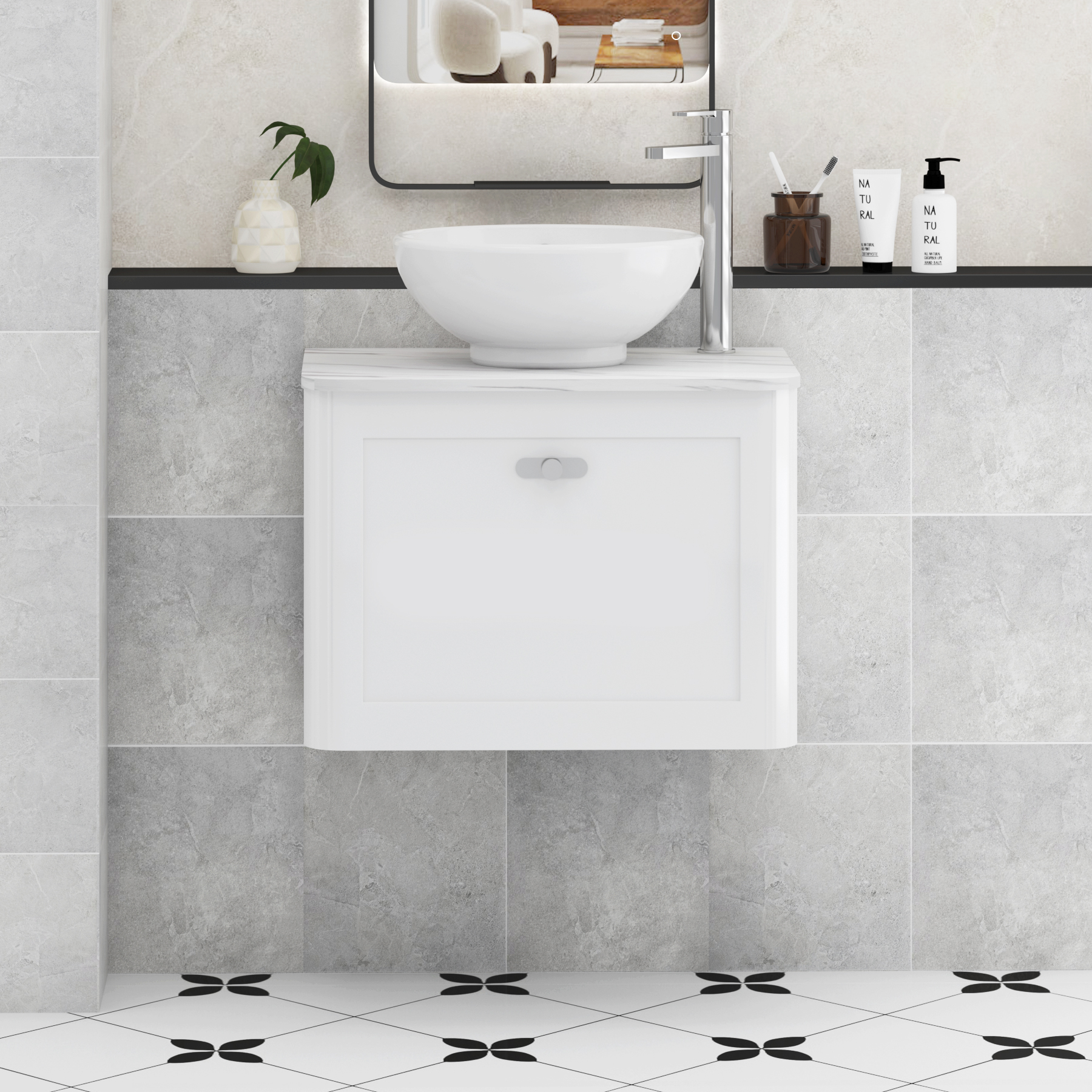 Henley Gloss White Wall Hung Vanity Unit 1 Drawer with Carrara White Worktop & Various Basins & Knobs