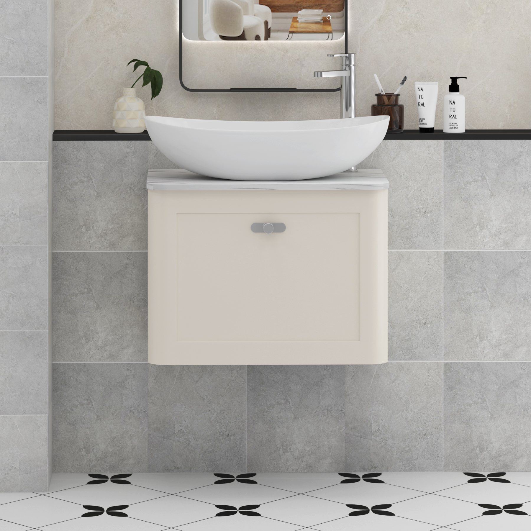 Henley Mushroom Cashmere Wall Hung Vanity Unit 1 Drawer with Carrara White Worktop & Various Basins & Knobs