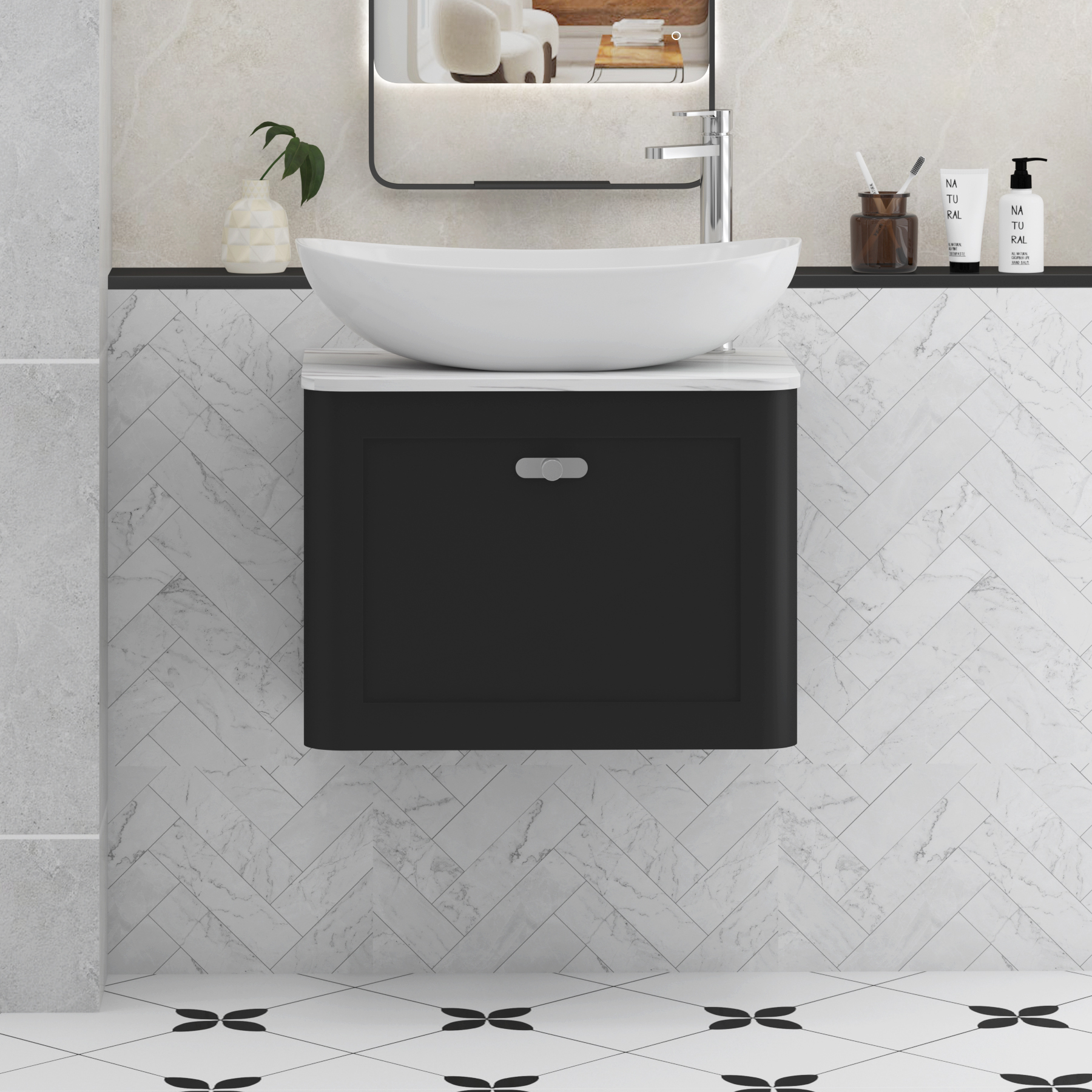 Henley Matt Nocturne Black Wall Hung Vanity Unit 1 Drawer with Carrara White Worktop & Various Basins & Knobs