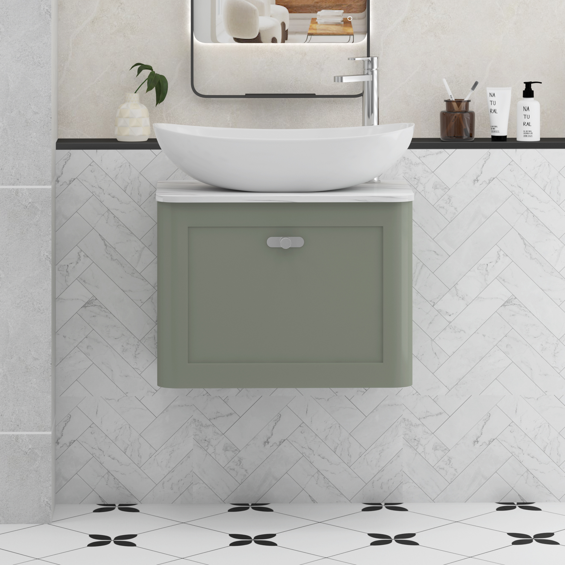 Henley Sage Green Wall Hung Vanity Unit 1 Drawer with Carrara White Worktop & Various Basins & Knobs