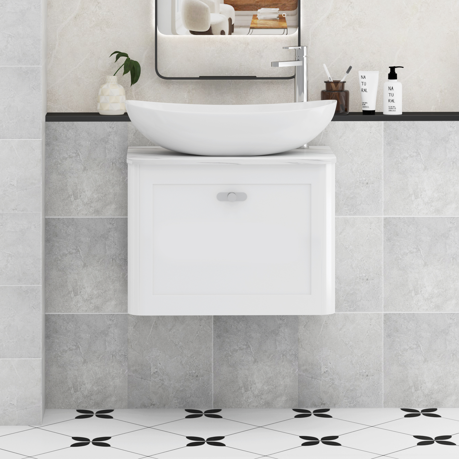 Henley Gloss White Wall Hung Vanity Unit 1 Drawer with Carrara White Worktop & Various Basins & Knobs