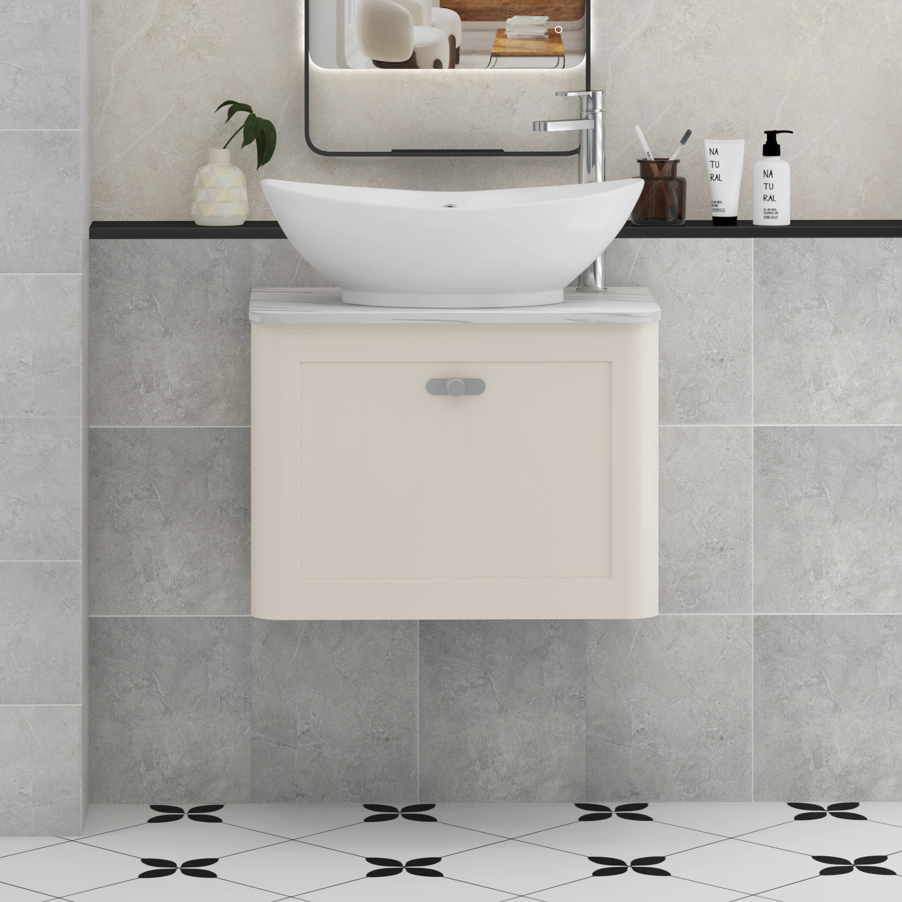 Henley Mushroom Cashmere Wall Hung Vanity Unit 1 Drawer with Carrara White Worktop & Various Basins & Knobs