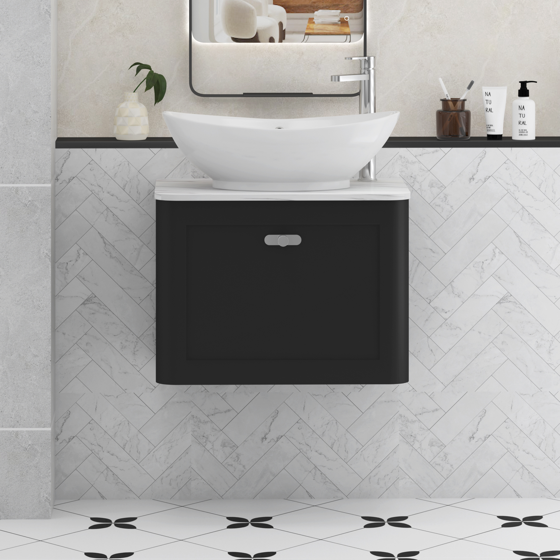 Henley Matt Nocturne Black Wall Hung Vanity Unit 1 Drawer with Carrara White Worktop & Various Basins & Knobs