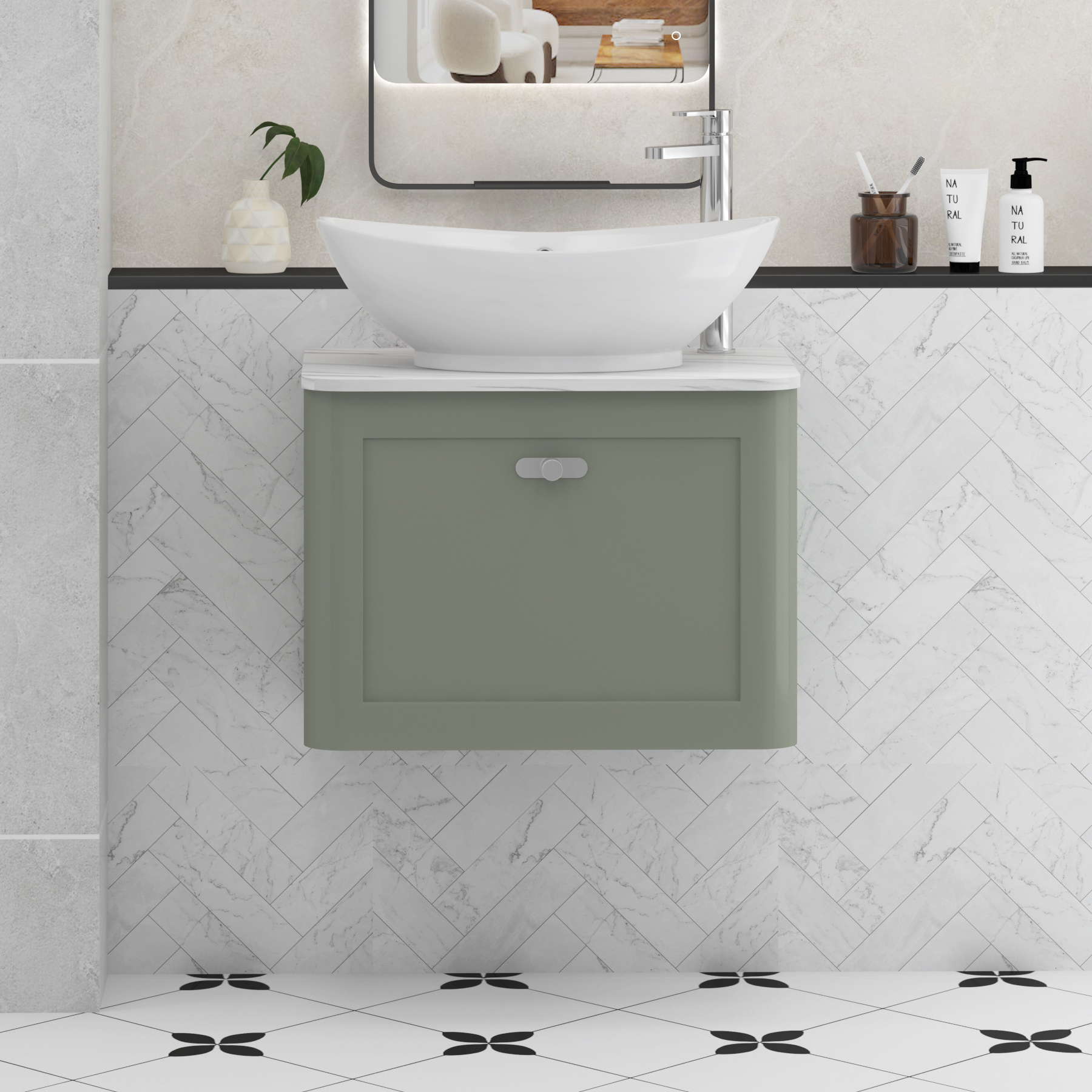 Henley Sage Green Wall Hung Vanity Unit 1 Drawer with Carrara White Worktop & Various Basins & Knobs