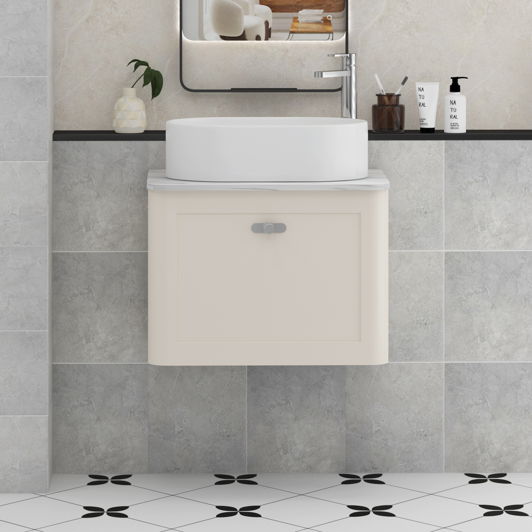 Henley Mushroom Cashmere Wall Hung Vanity Unit 1 Drawer with Carrara White Worktop & Various Basins & Knobs