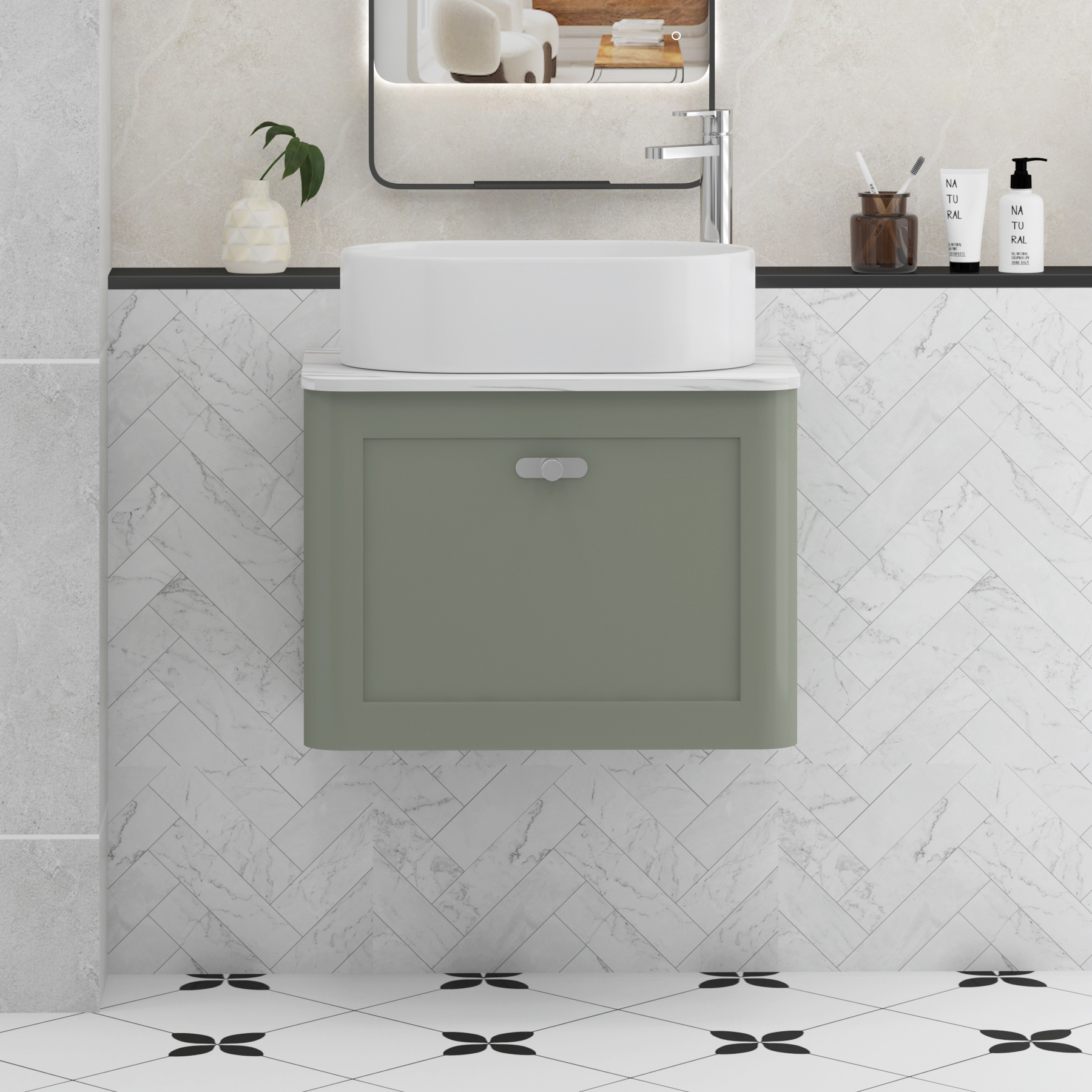 Henley Sage Green Wall Hung Vanity Unit 1 Drawer with Carrara White Worktop & Various Basins & Knobs