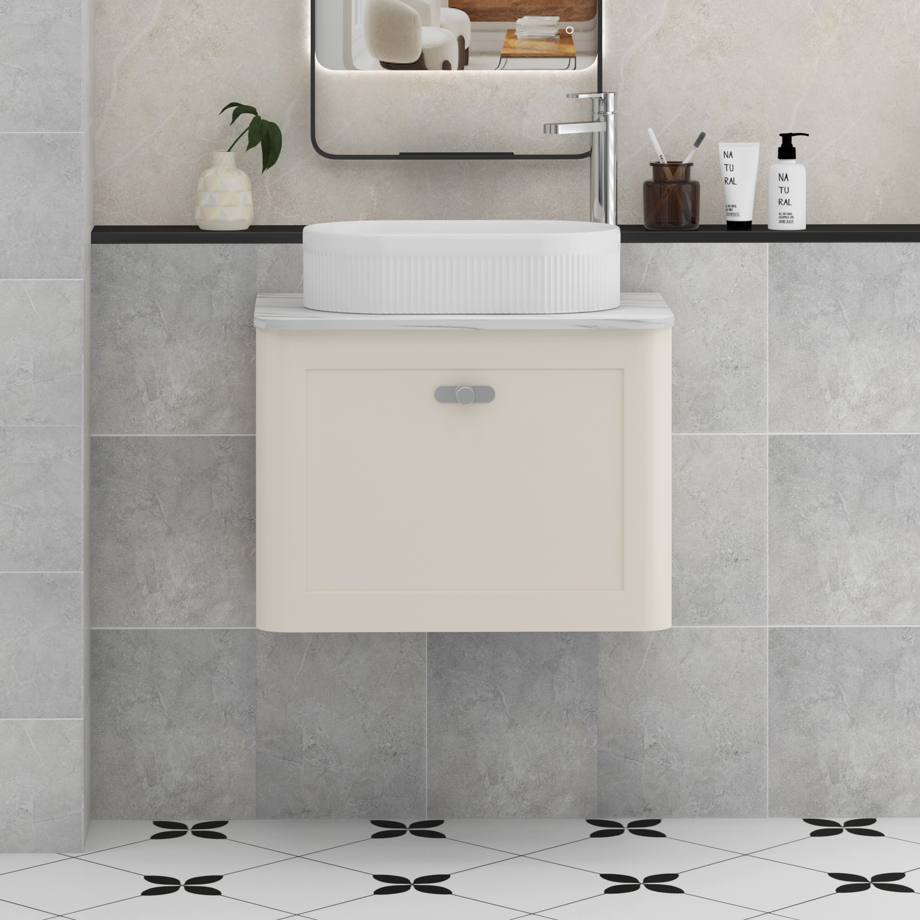Henley Mushroom Cashmere Wall Hung Vanity Unit 1 Drawer with Carrara White Worktop & Various Basins & Knobs