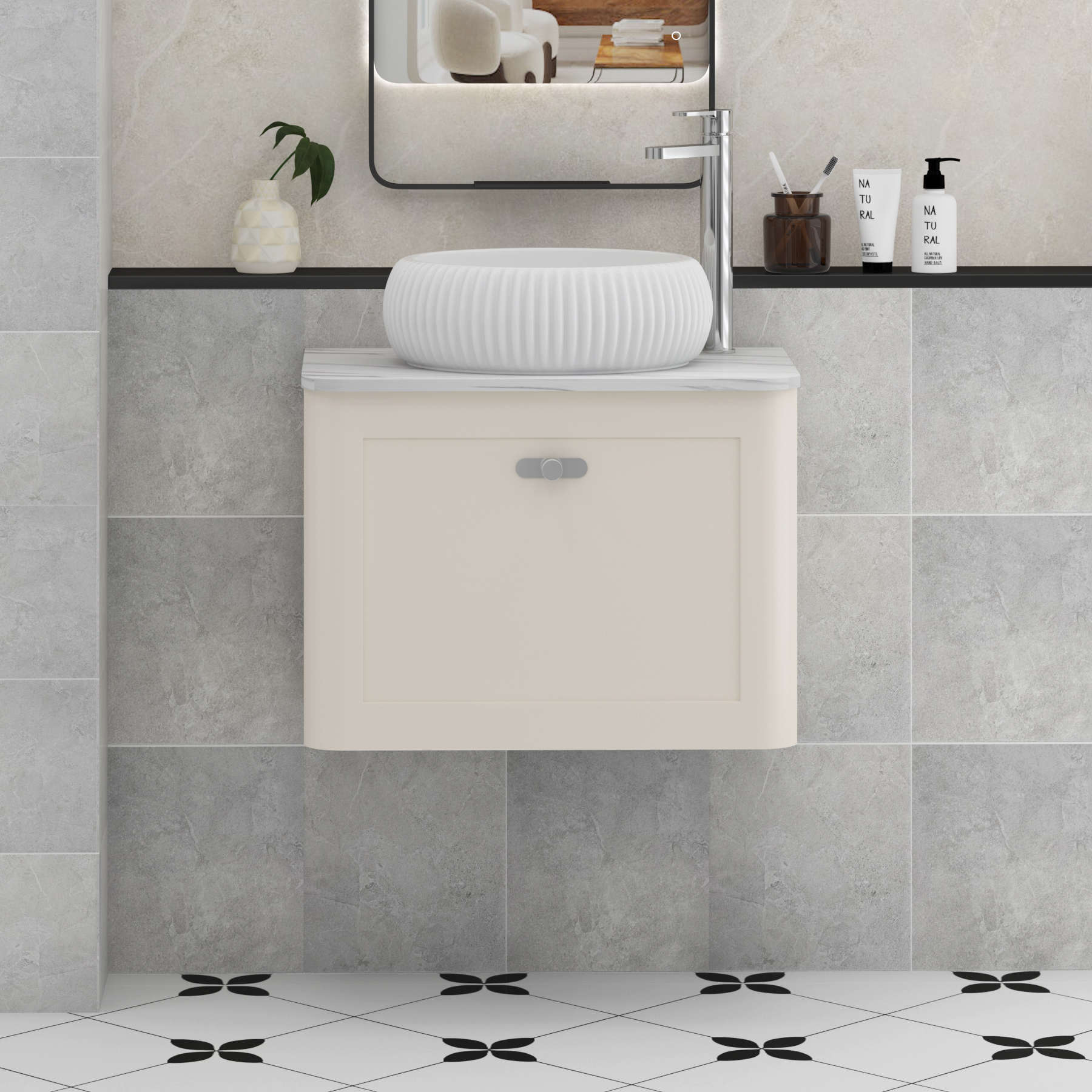 Henley Mushroom Cashmere Wall Hung Vanity Unit 1 Drawer with Carrara White Worktop & Various Basins & Knobs