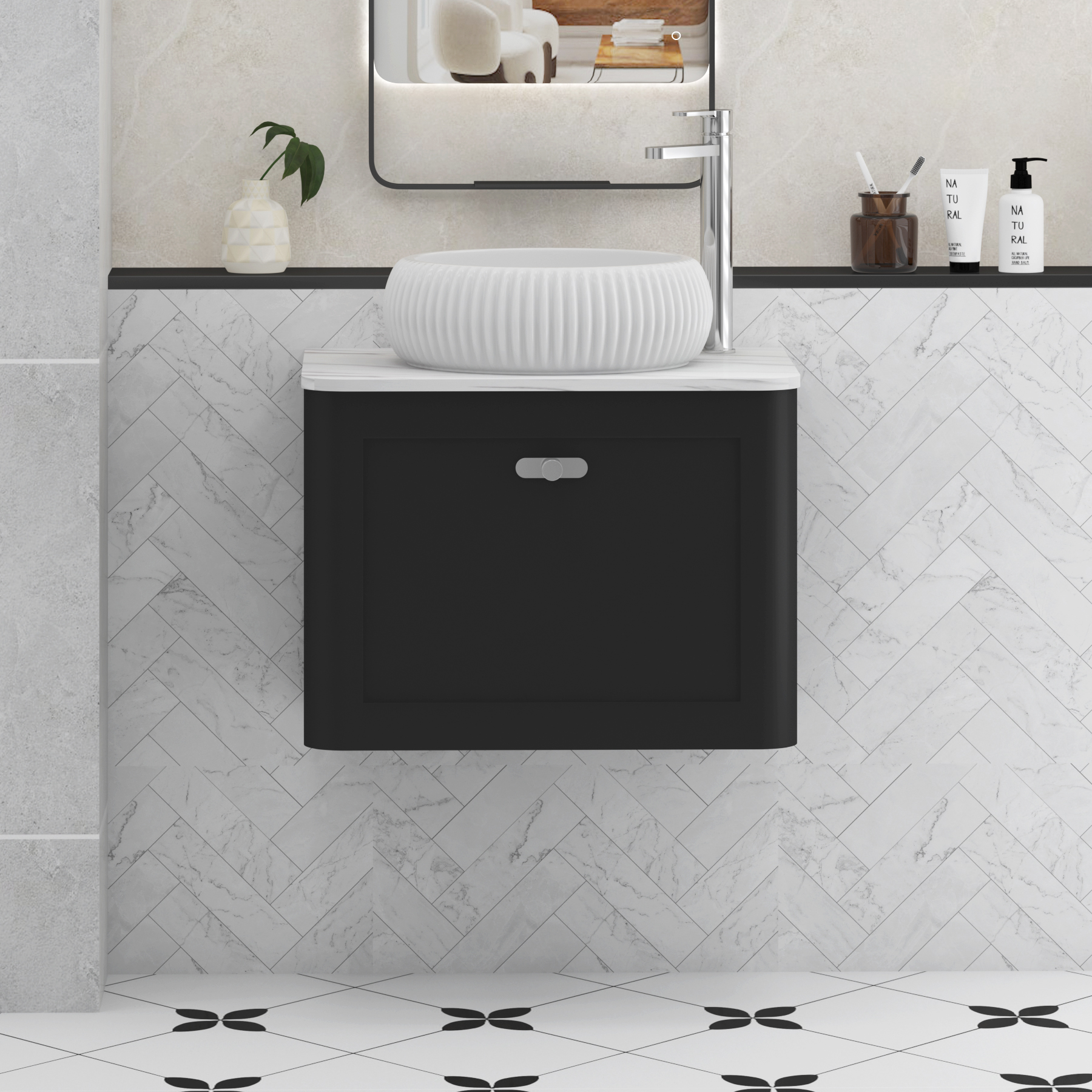 Henley Matt Nocturne Black Wall Hung Vanity Unit 1 Drawer with Carrara White Worktop & Various Basins & Knobs