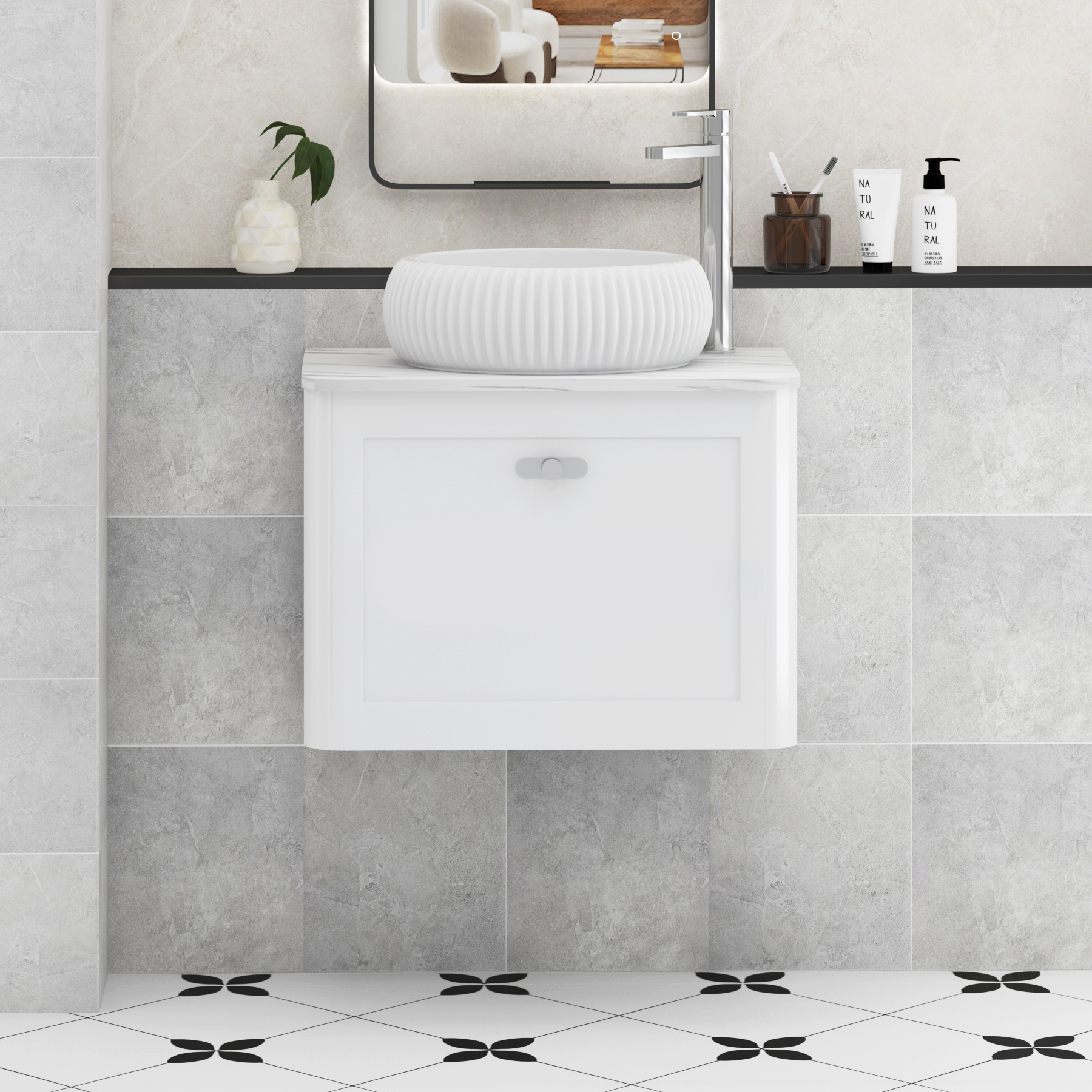 Henley Gloss White Wall Hung Vanity Unit 1 Drawer with Carrara White Worktop & Various Basins & Knobs