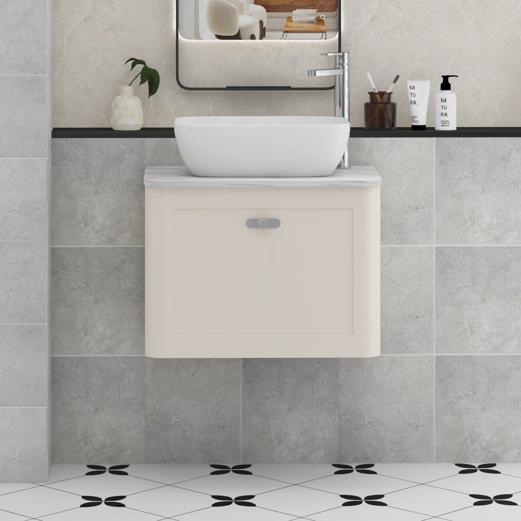 Henley Mushroom Cashmere Wall Hung Vanity Unit 1 Drawer with Carrara White Worktop & Various Basins & Knobs