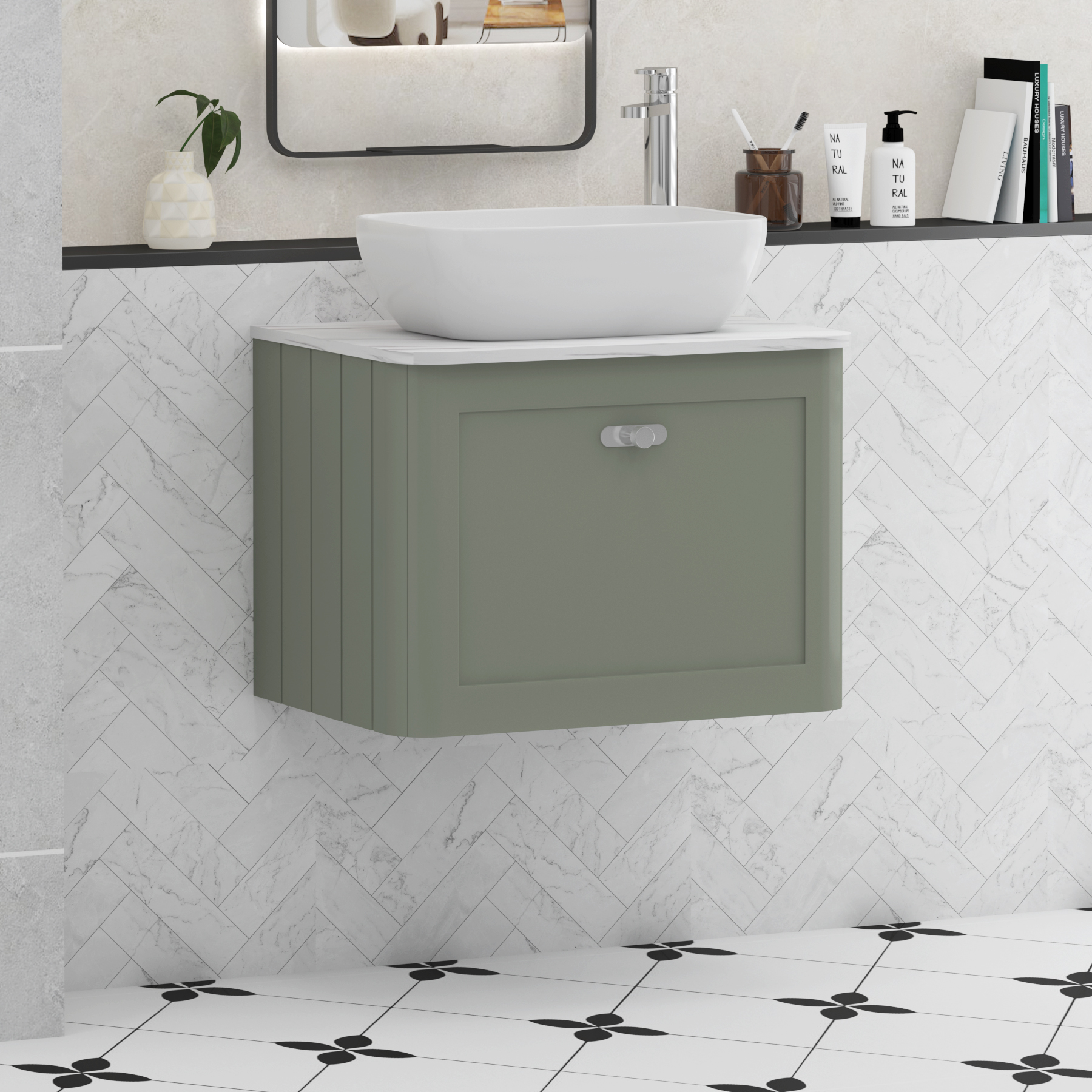 Henley Sage Green Wall Hung Vanity Unit 1 Drawer with Carrara White Worktop & Various Basins & Knobs