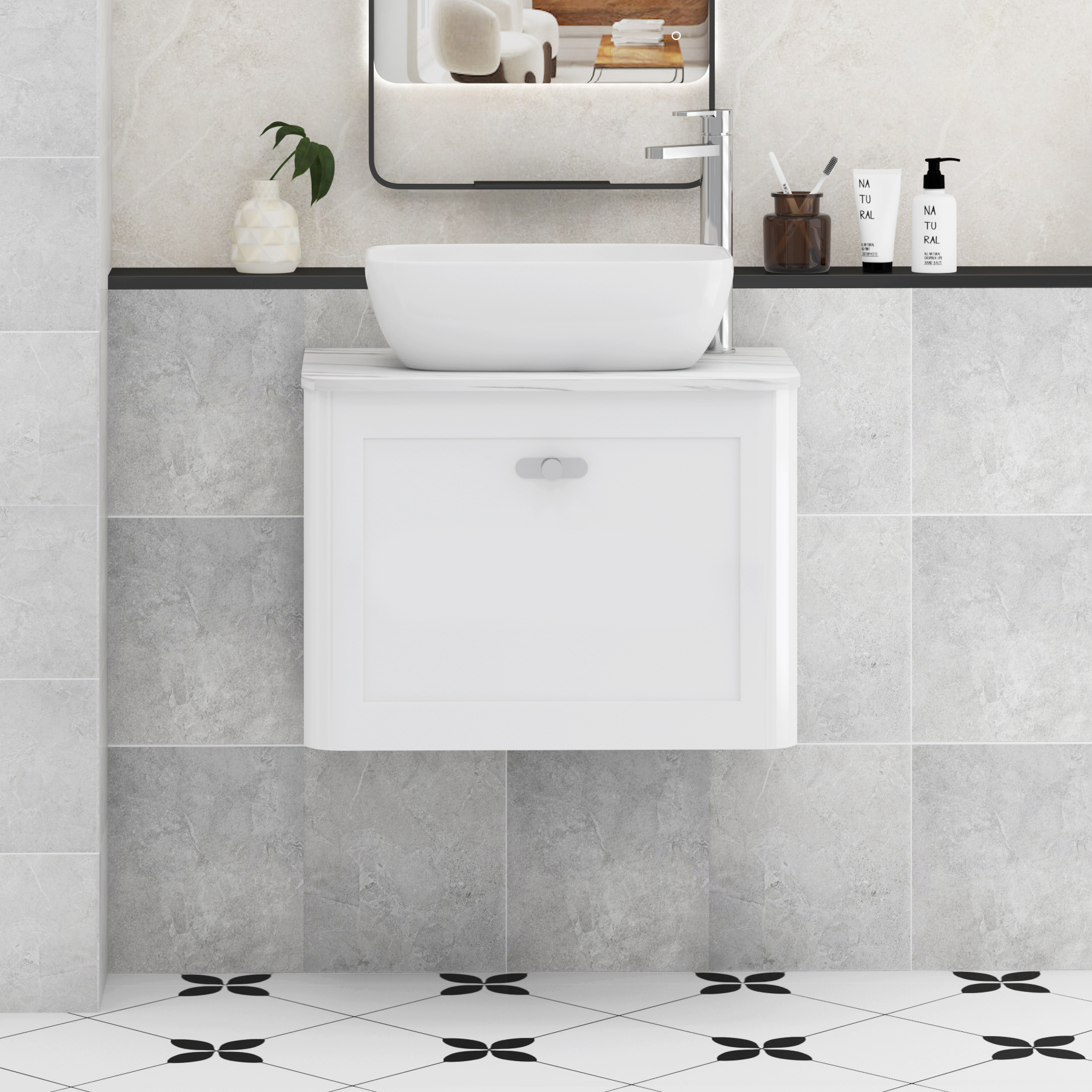 Henley Gloss White Wall Hung Vanity Unit 1 Drawer with Carrara White Worktop & Various Basins & Knobs