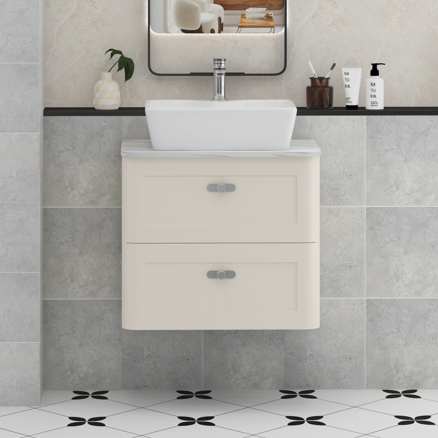 Henley Mushroom Cashmere Wall Hung Vanity Unit 2 Drawer with Carrara White Worktop & Various Basins & Knobs