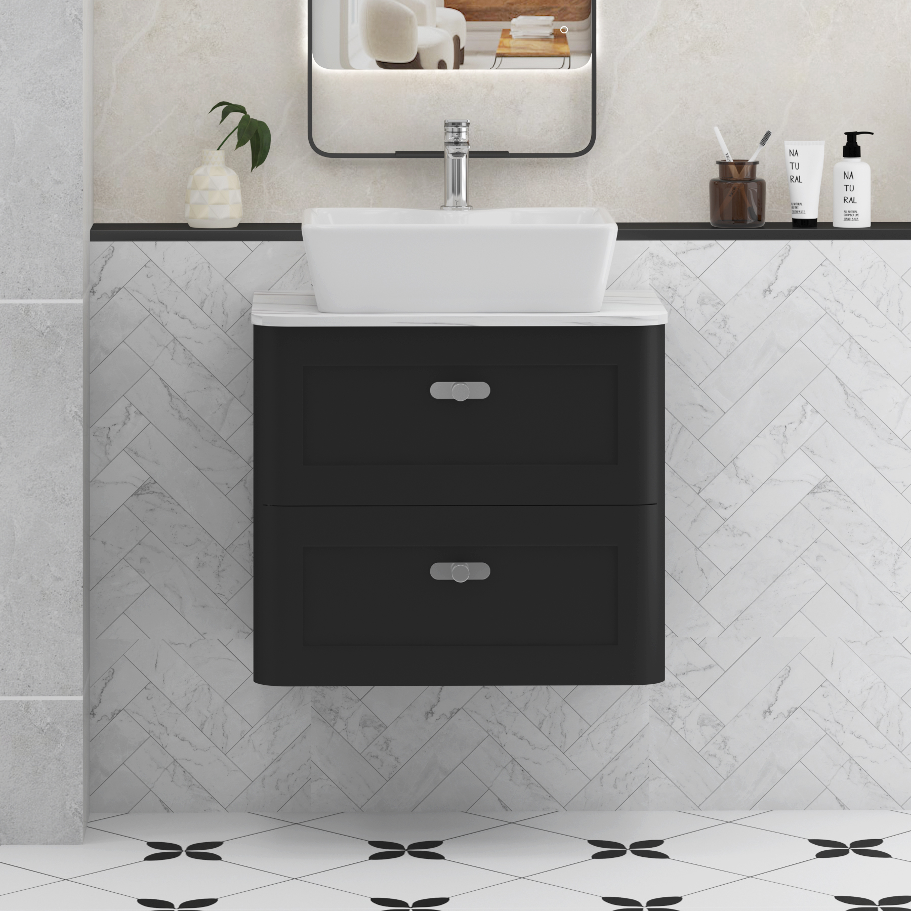 Henley Matt Nocturne Black Wall Hung Vanity Unit 2 Drawer with Carrara White Worktop & Various Basins & Knobs