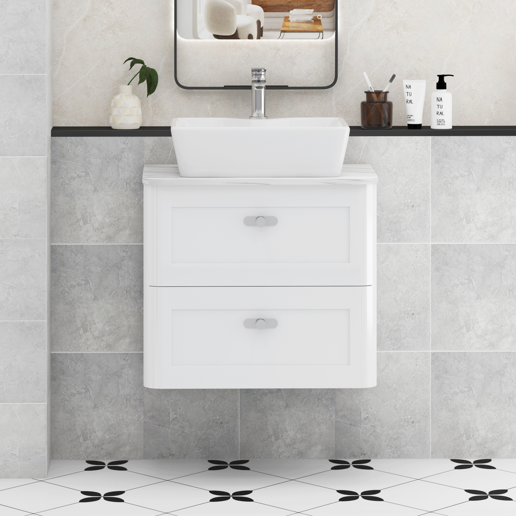 Henley Gloss White Wall Hung Vanity Unit 2 Drawer with Carrara White Worktop & Various Basins & Knobs