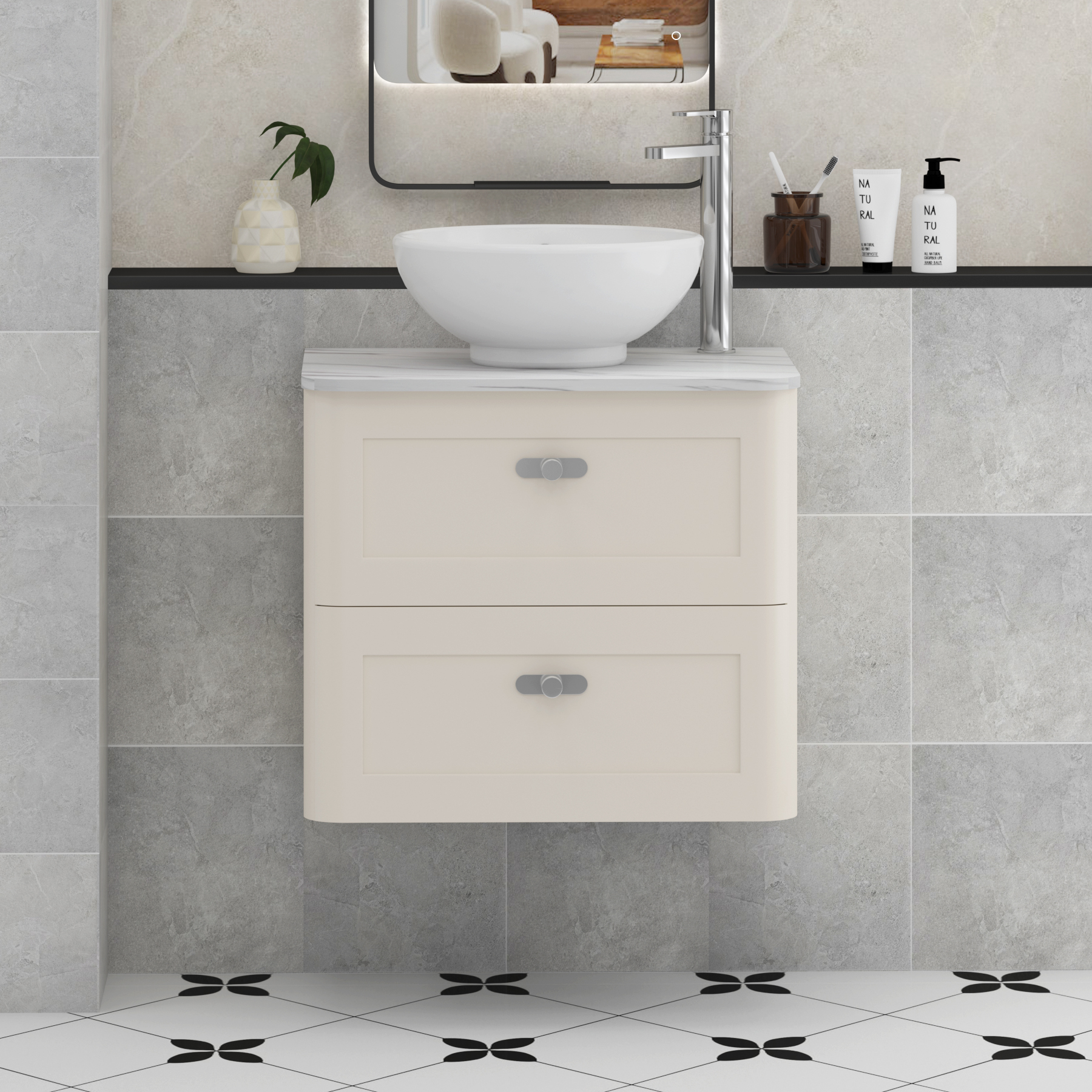 Henley Mushroom Cashmere Wall Hung Vanity Unit 2 Drawer with Carrara White Worktop & Various Basins & Knobs