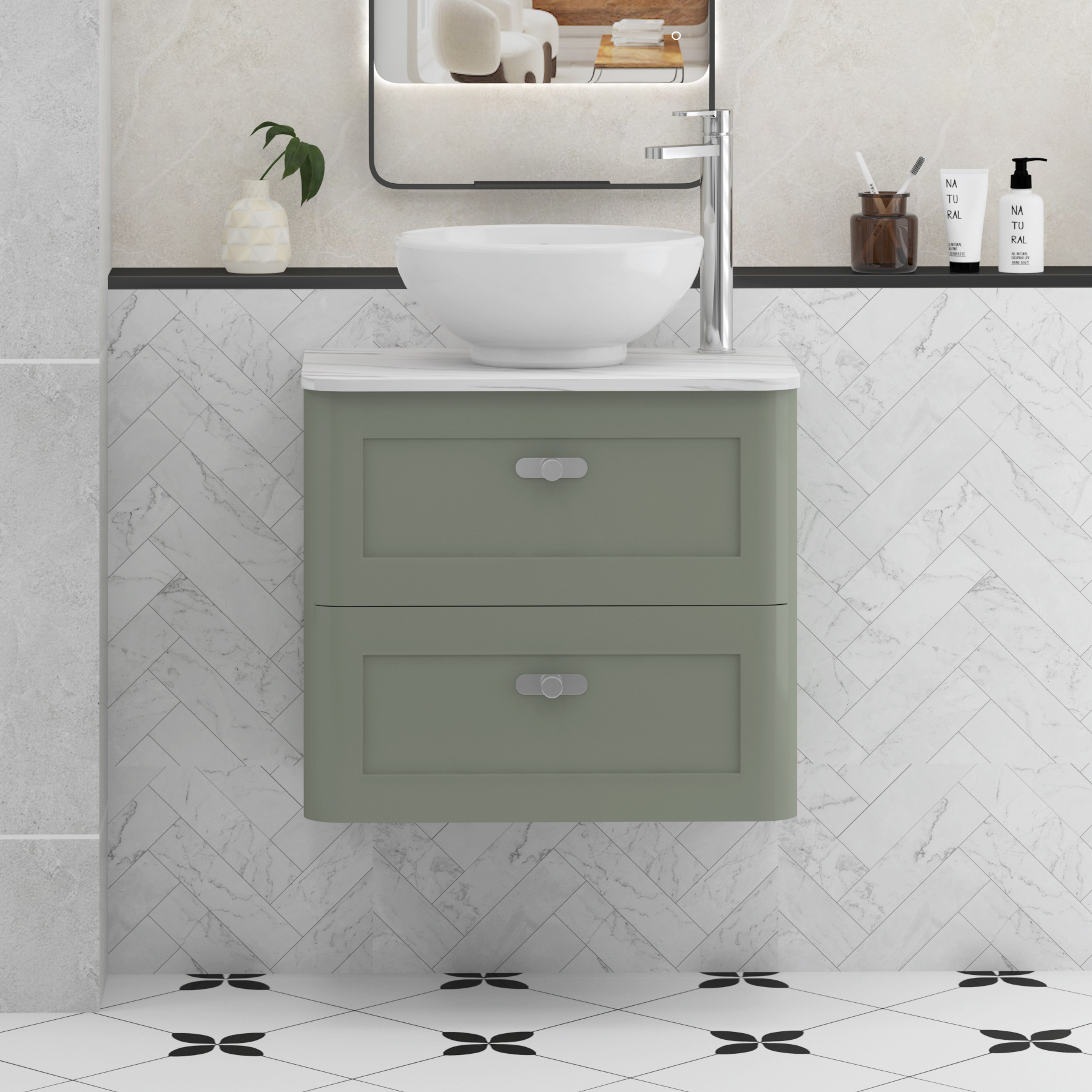 Henley Sage Green Wall Hung Vanity Unit 2 Drawer with Carrara White Worktop & Various Basins & Knobs
