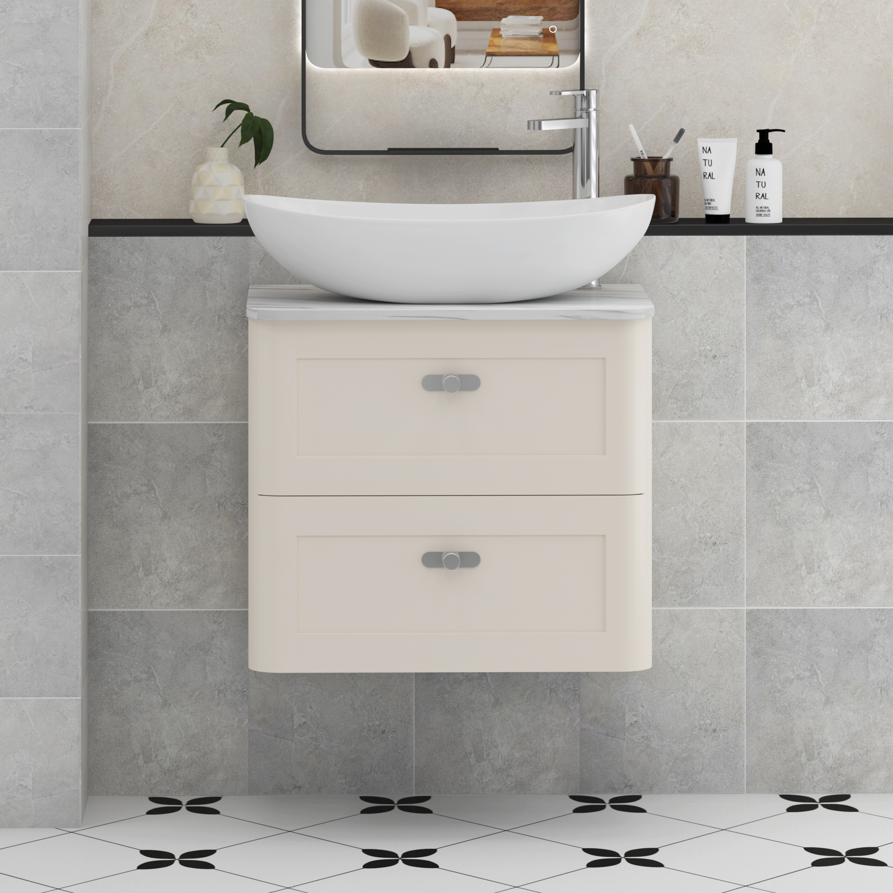 Henley Mushroom Cashmere Wall Hung Vanity Unit 2 Drawer with Carrara White Worktop & Various Basins & Knobs