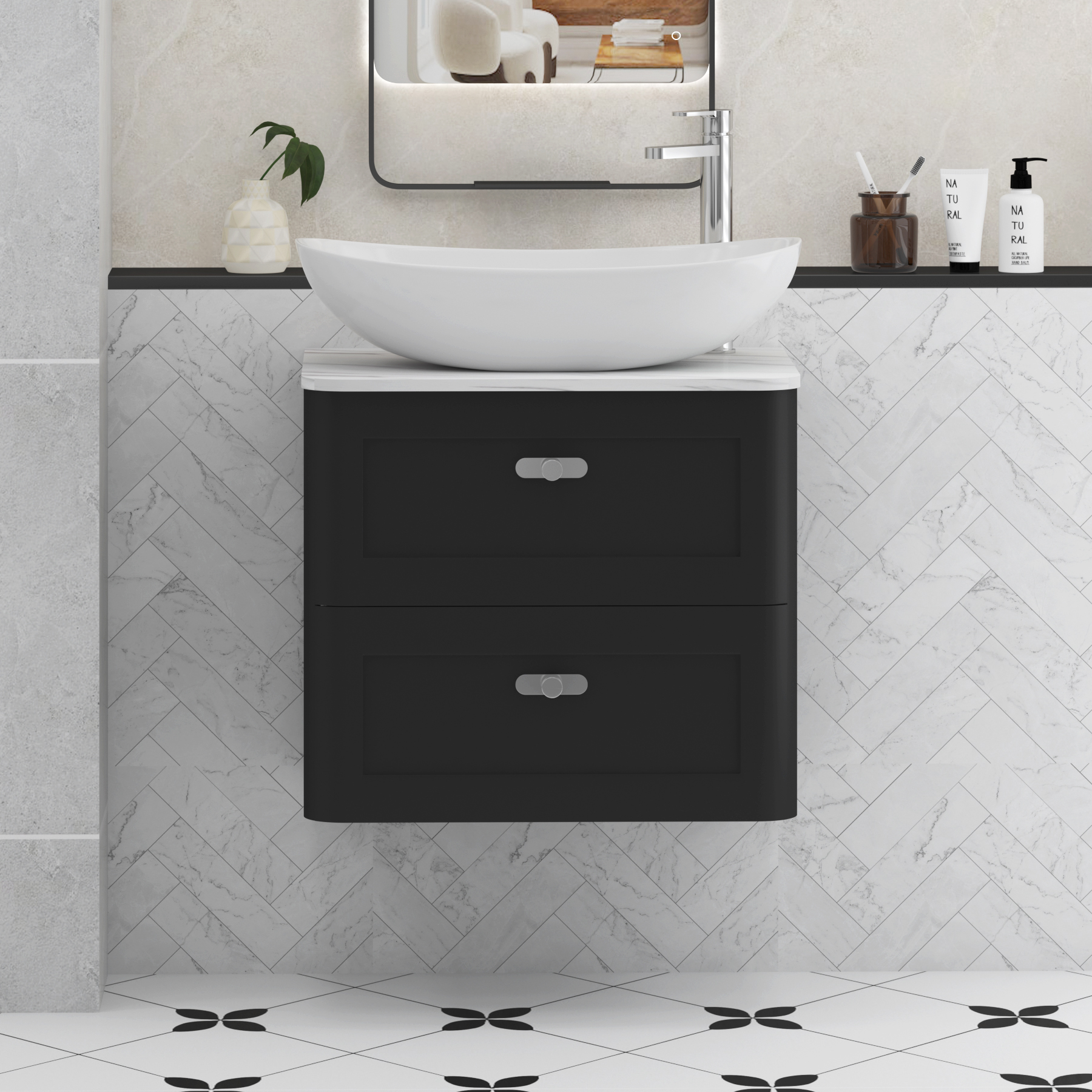 Henley Matt Nocturne Black Wall Hung Vanity Unit 2 Drawer with Carrara White Worktop & Various Basins & Knobs