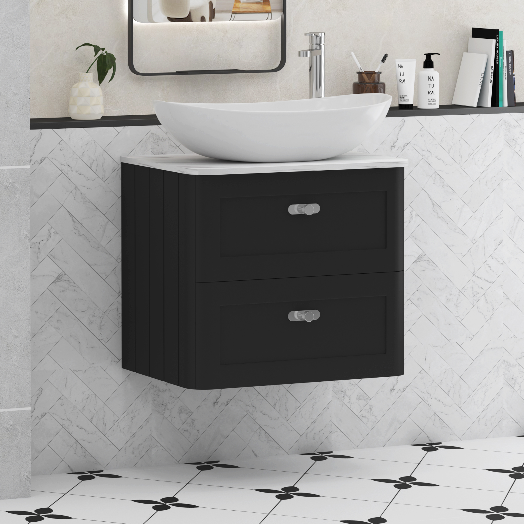 Henley 2 Drawer Wall Hung Vanity Unit – Multiple Sizes, Colours, Knobs, Worktop & Basins Options