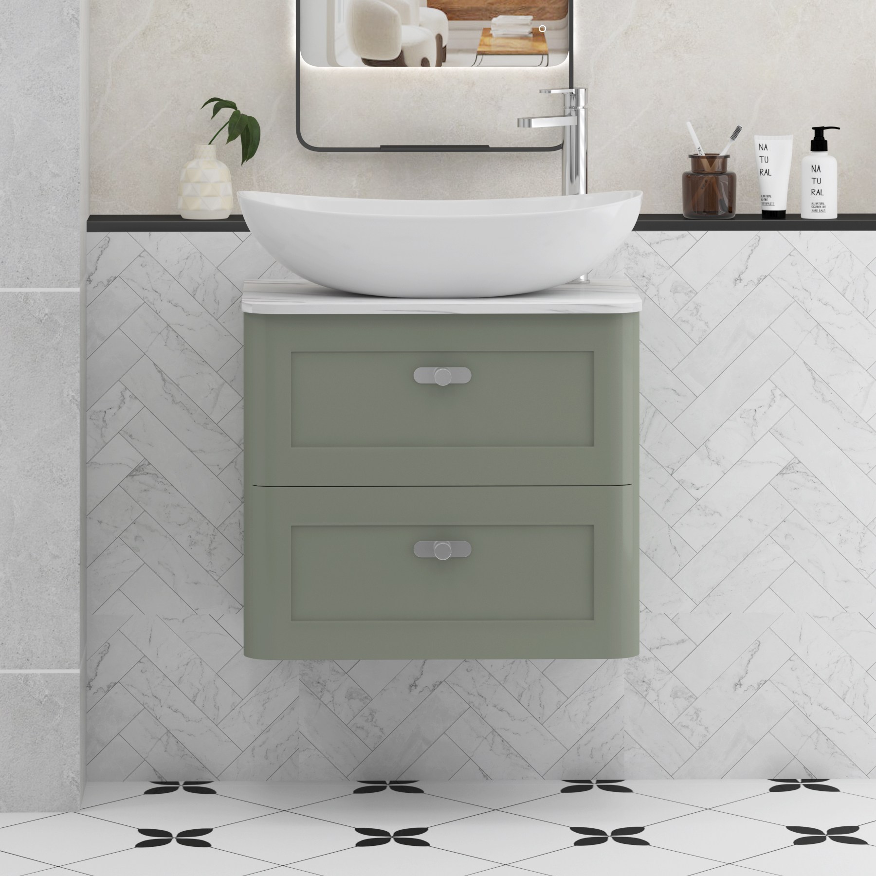 Henley Sage Green Wall Hung Vanity Unit 2 Drawer with Carrara White Worktop & Various Basins & Knobs