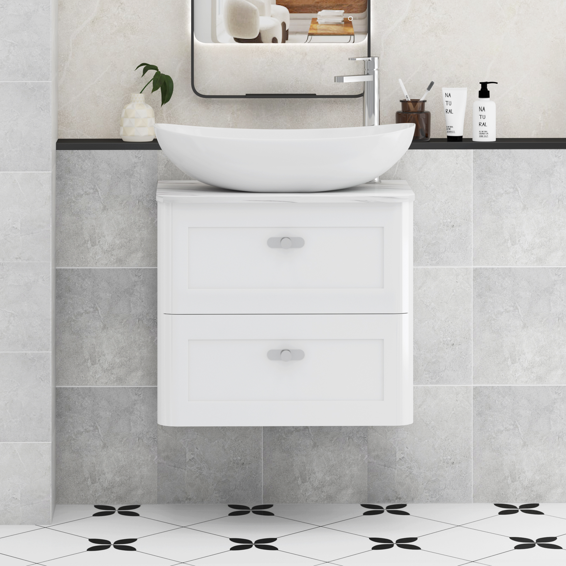 Henley Gloss White Wall Hung Vanity Unit 2 Drawer with Carrara White Worktop & Various Basins & Knobs