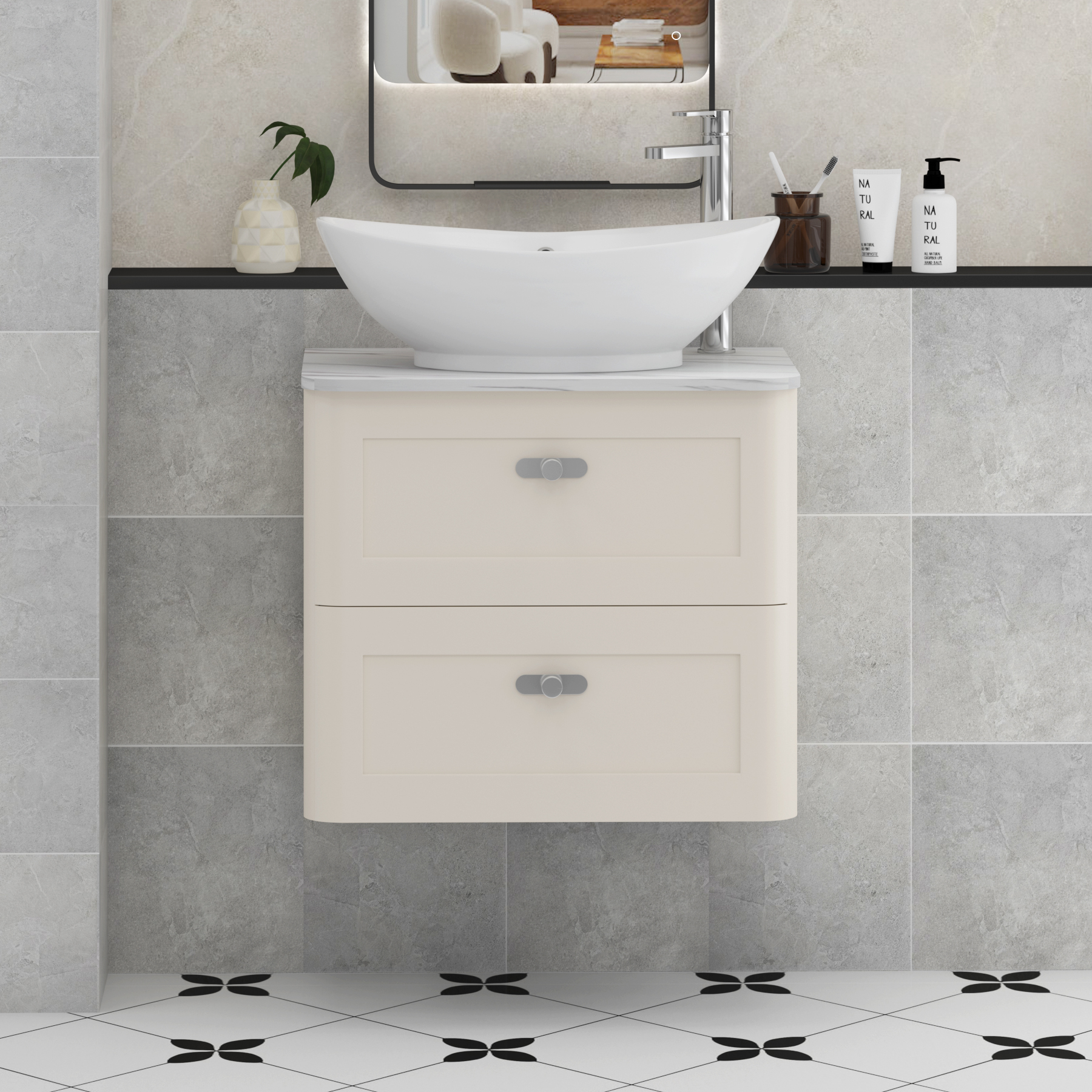 Henley Mushroom Cashmere Wall Hung Vanity Unit 2 Drawer with Carrara White Worktop & Various Basins & Knobs