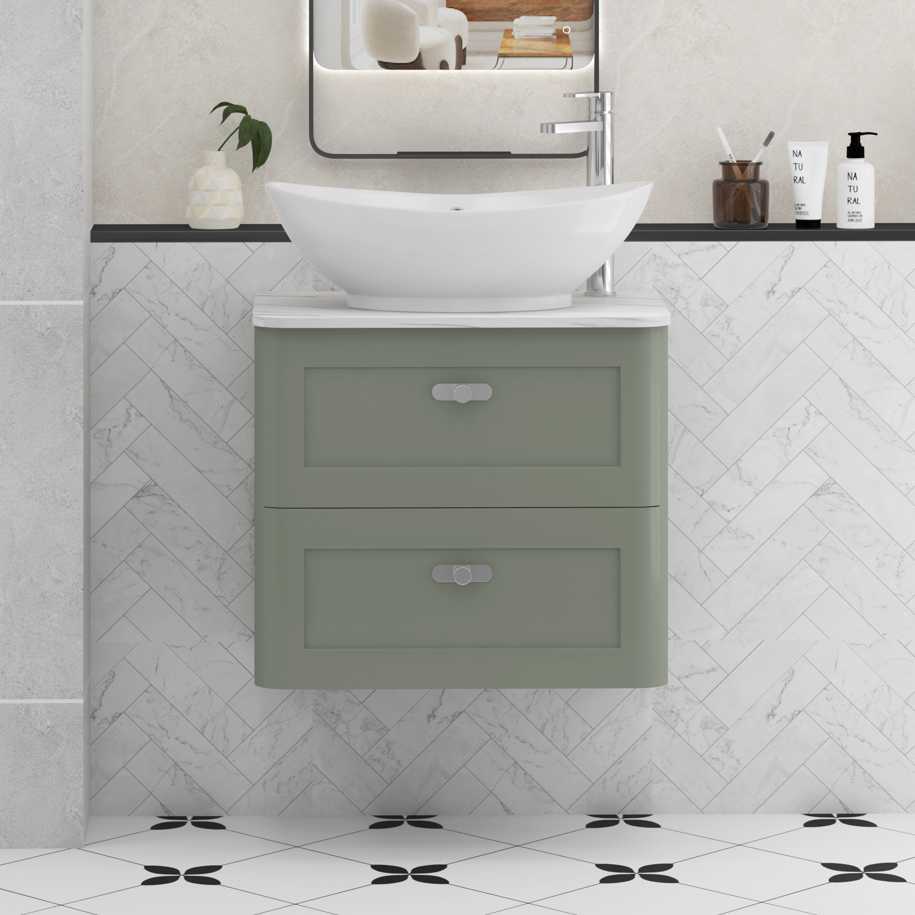 Henley Sage Green Wall Hung Vanity Unit 2 Drawer with Carrara White Worktop & Various Basins & Knobs