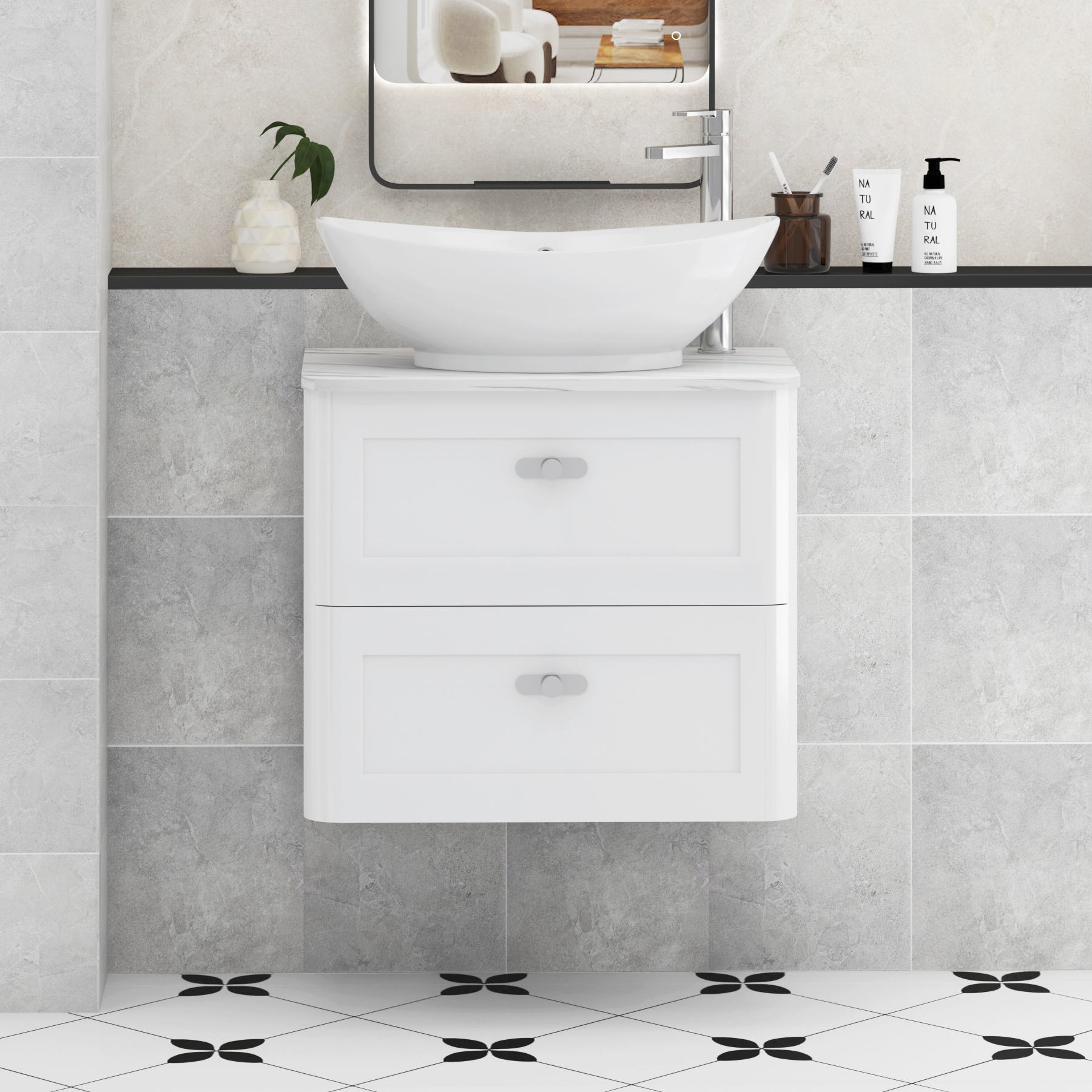 Henley Gloss White Wall Hung Vanity Unit 2 Drawer with Carrara White Worktop & Various Basins & Knobs