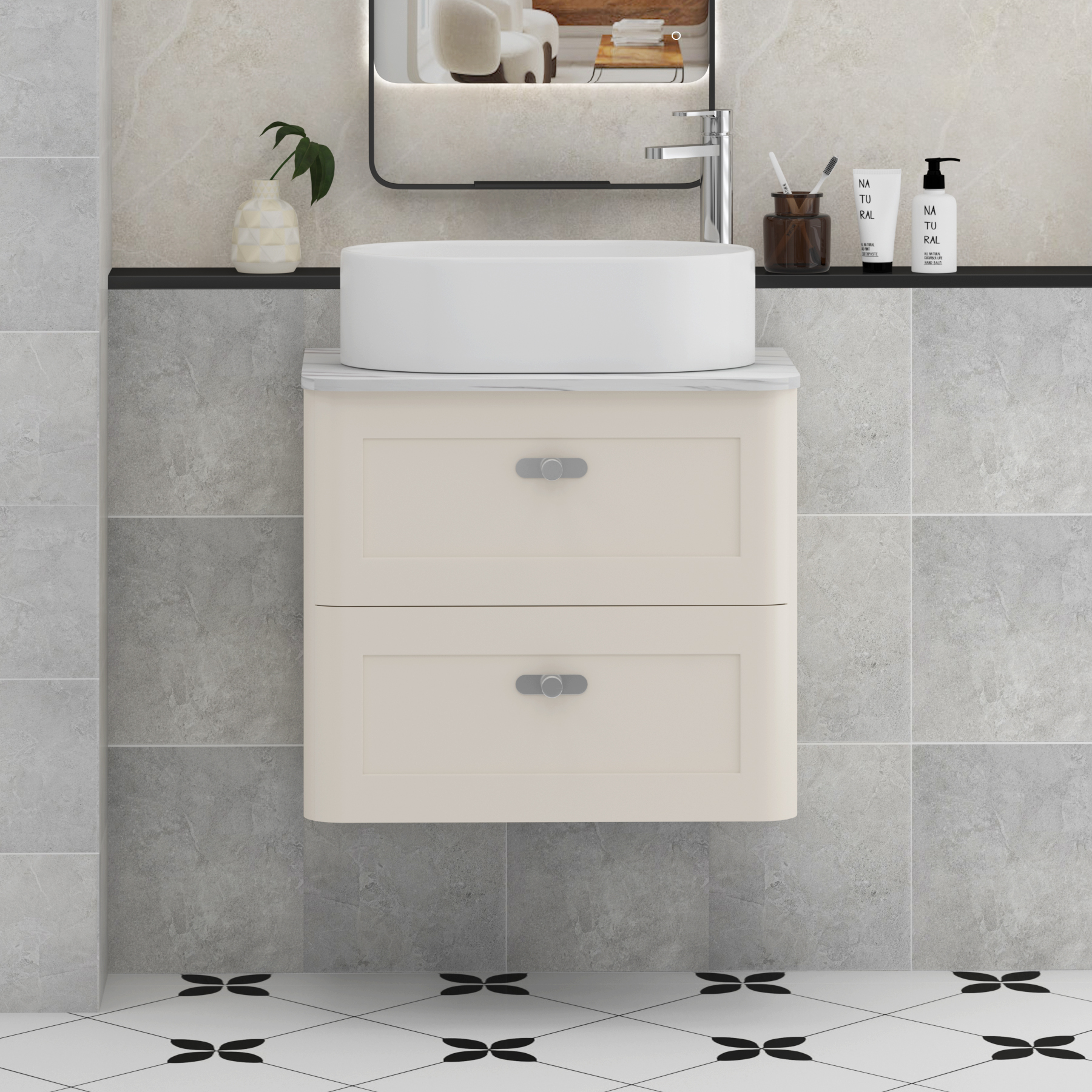 Henley Mushroom Cashmere Wall Hung Vanity Unit 2 Drawer with Carrara White Worktop & Various Basins & Knobs