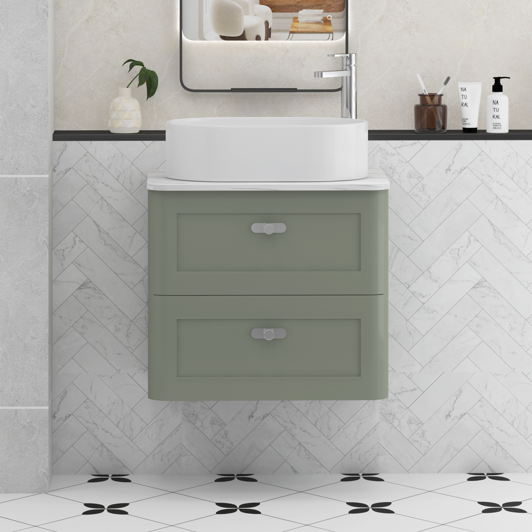 Henley Sage Green Wall Hung Vanity Unit 2 Drawer with Carrara White Worktop & Various Basins & Knobs