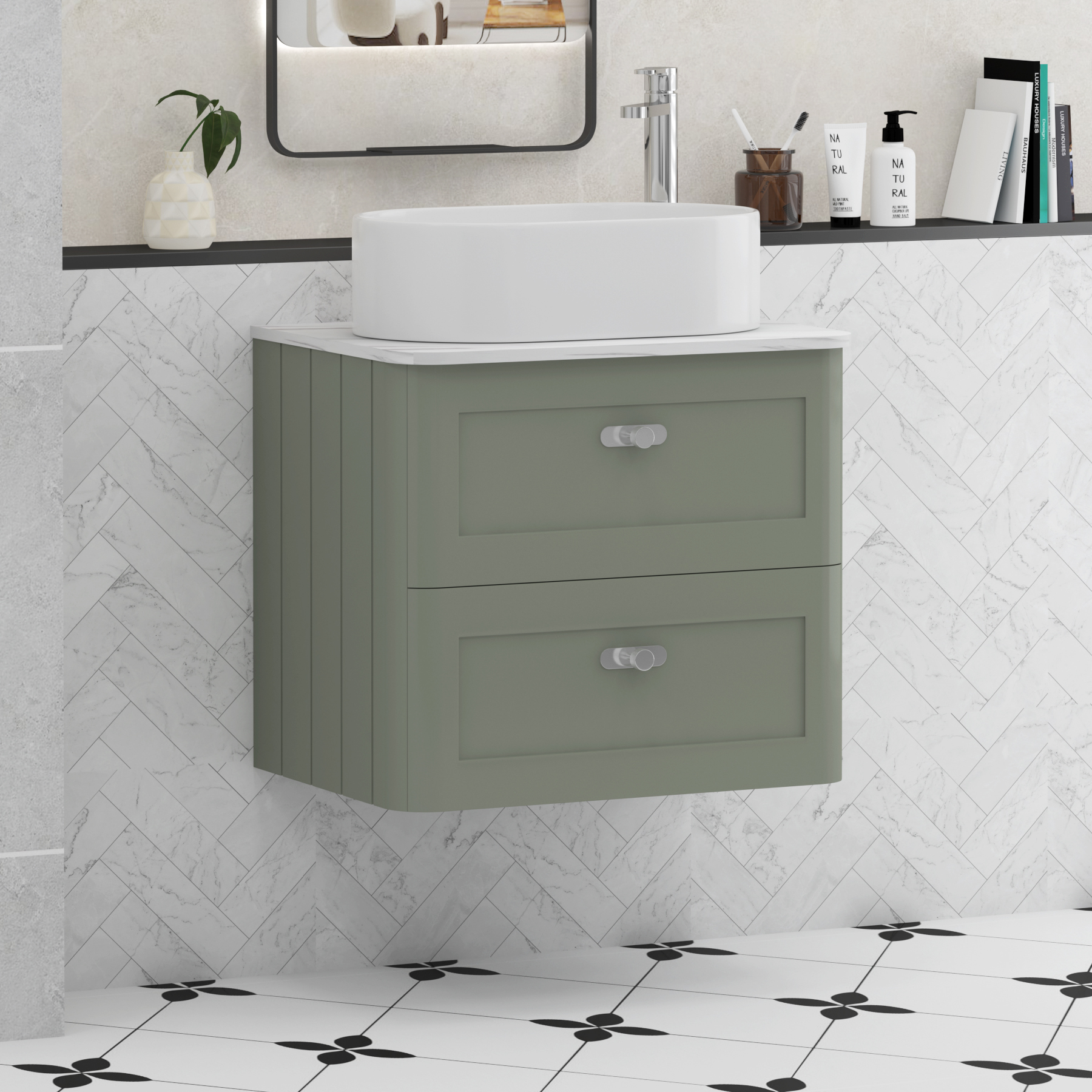 Henley Sage Green Wall Hung Vanity Unit 2 Drawer with Carrara White Worktop & Various Basins & Knobs