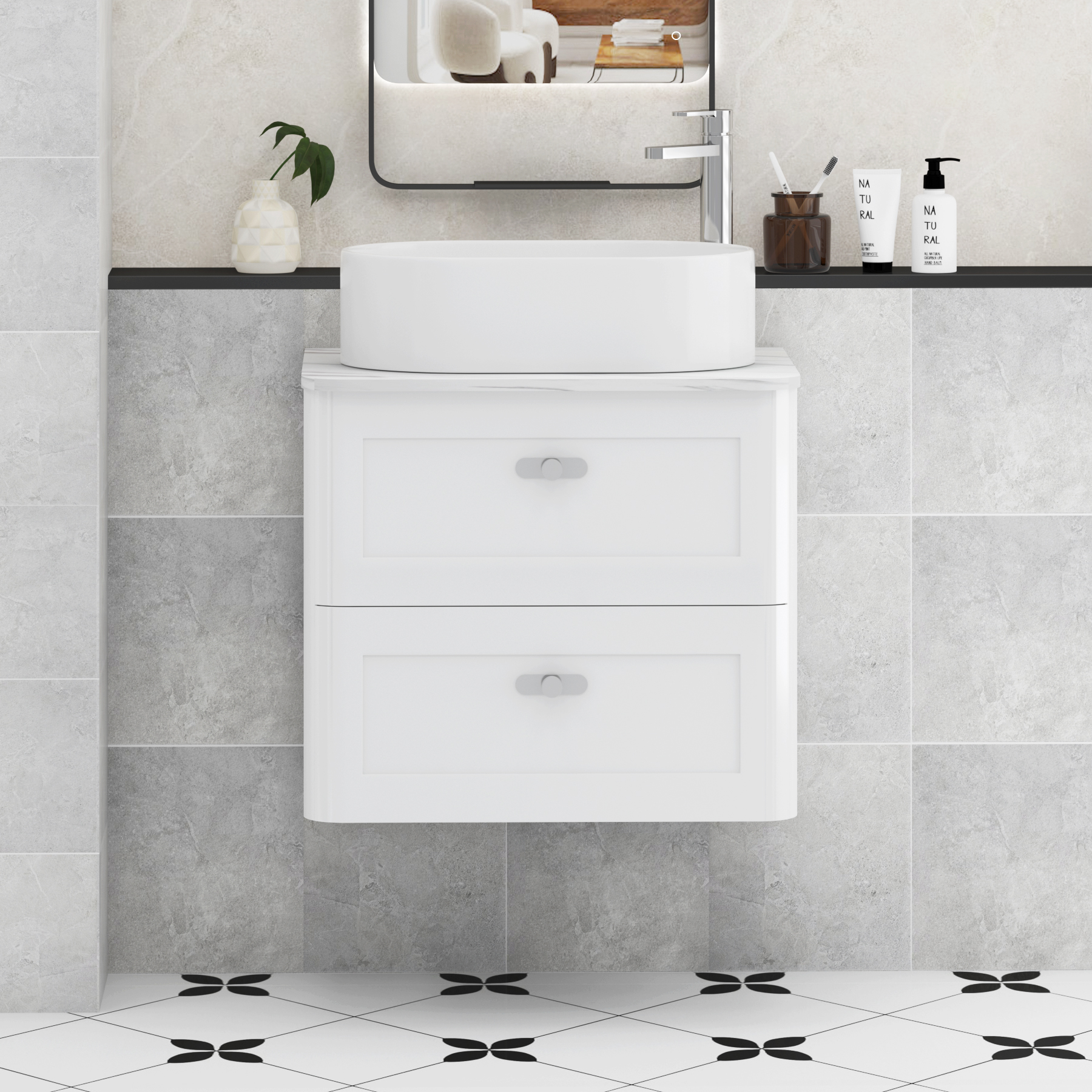 Henley Gloss White Wall Hung Vanity Unit 2 Drawer with Carrara White Worktop & Various Basins & Knobs