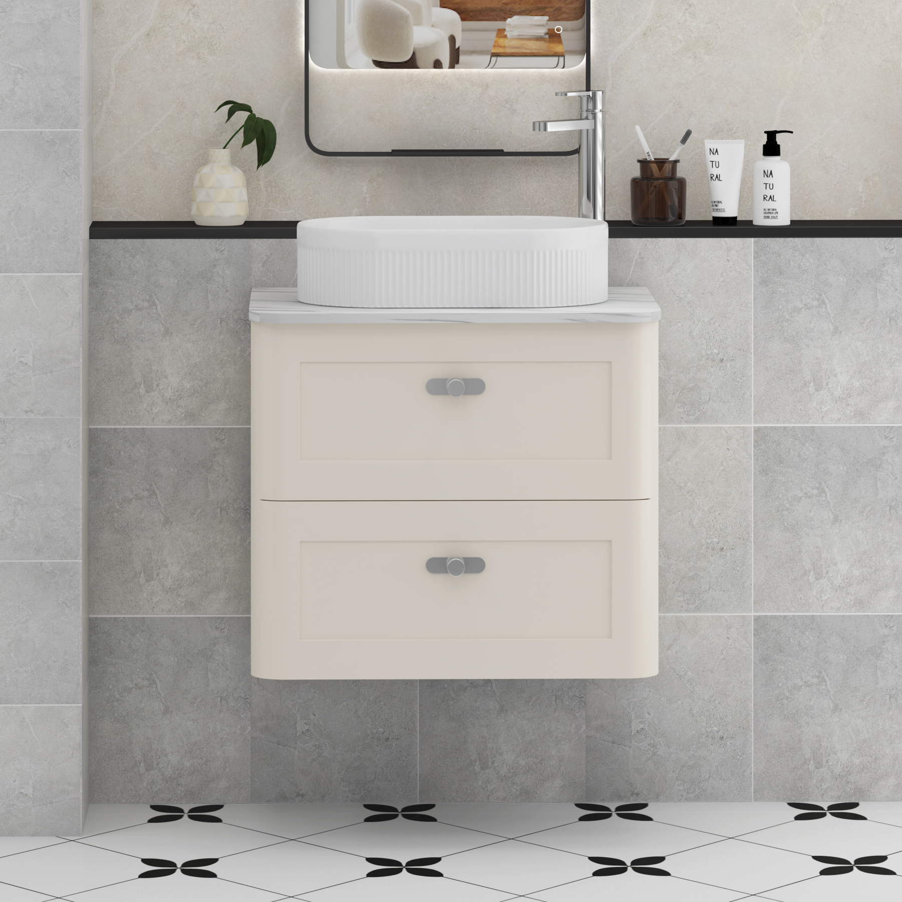 Henley Mushroom Cashmere Wall Hung Vanity Unit 2 Drawer with Carrara White Worktop & Various Basins & Knobs