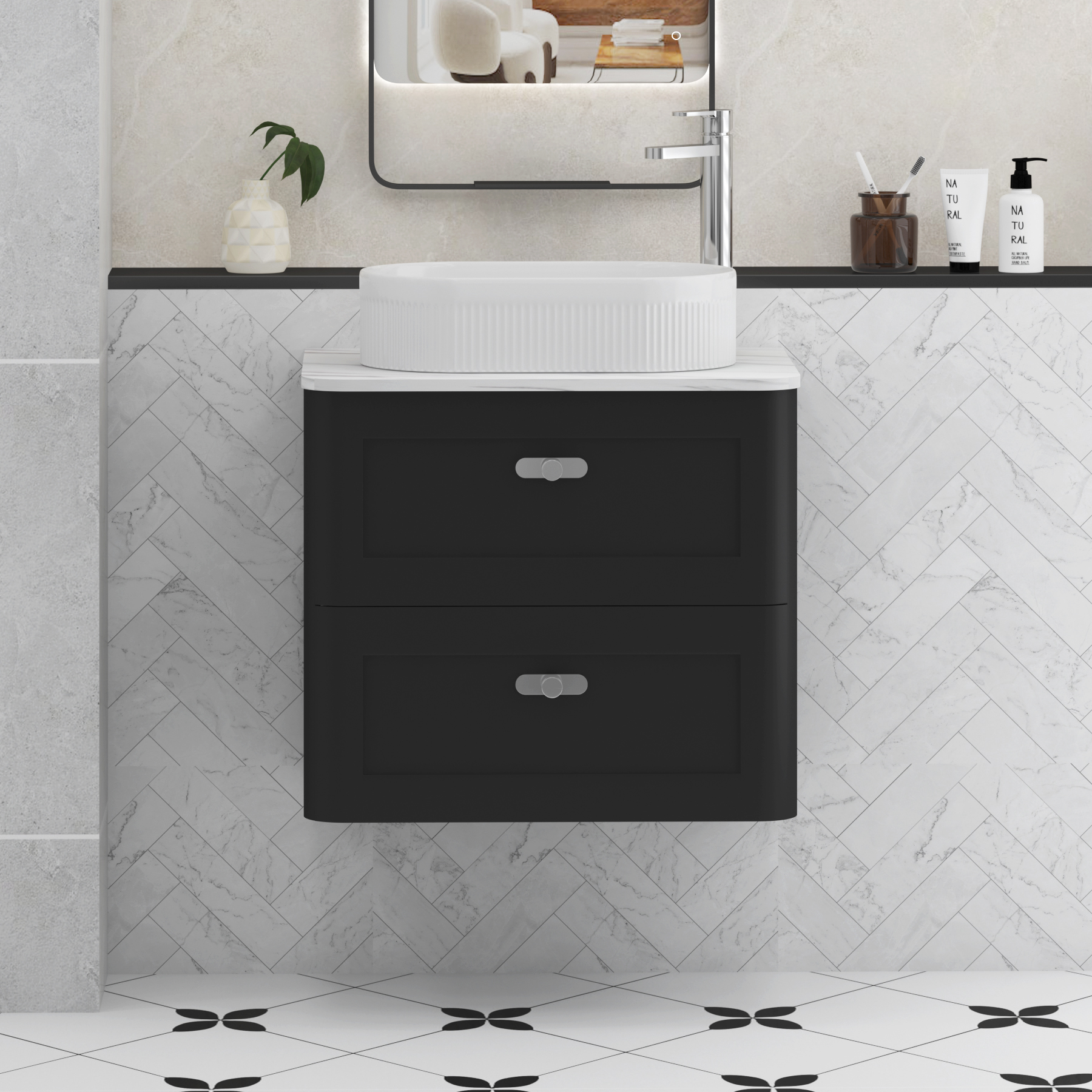 Henley Matt Nocturne Black Wall Hung Vanity Unit 2 Drawer with Carrara White Worktop & Various Basins & Knobs