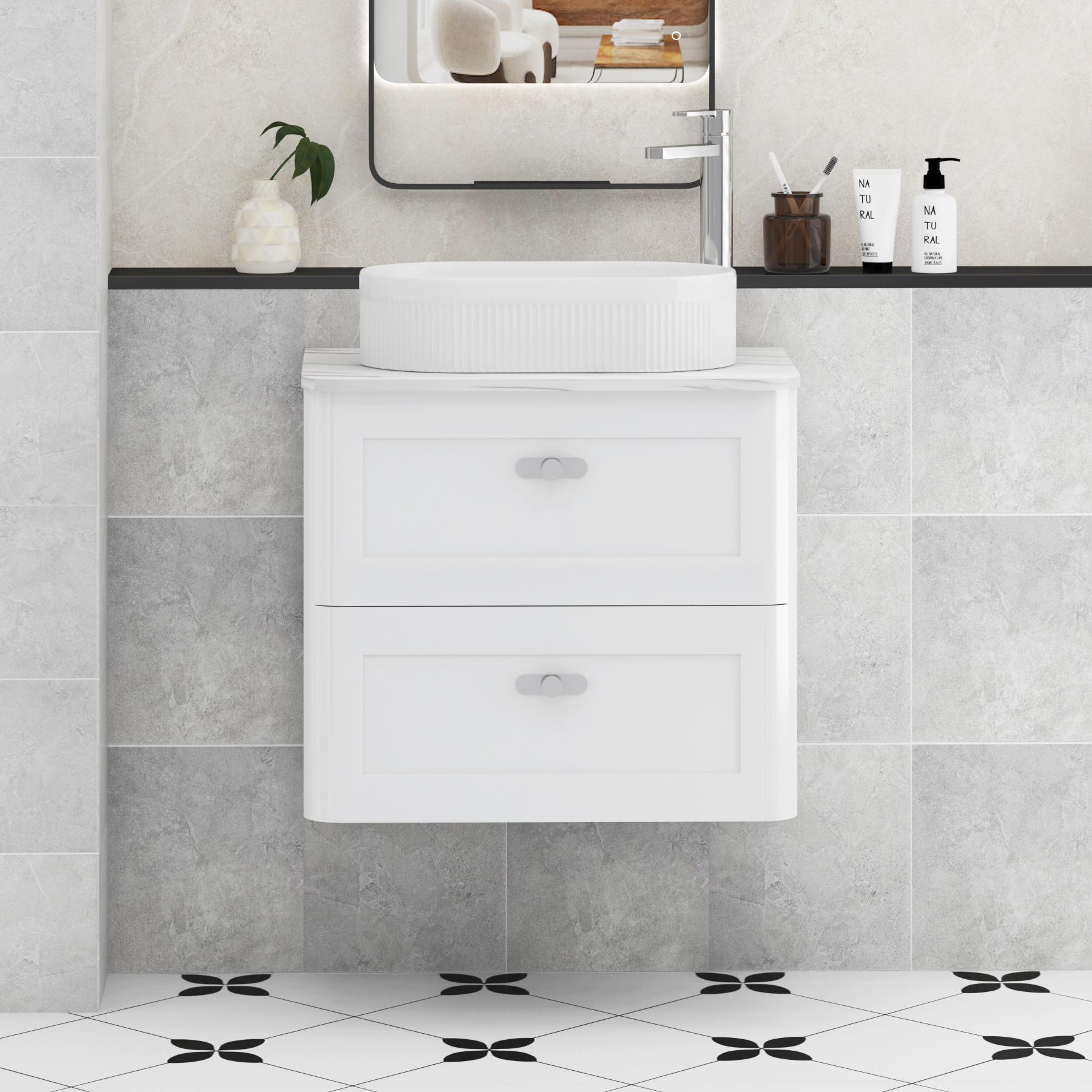 Henley Gloss White Wall Hung Vanity Unit 2 Drawer with Carrara White Worktop & Various Basins & Knobs