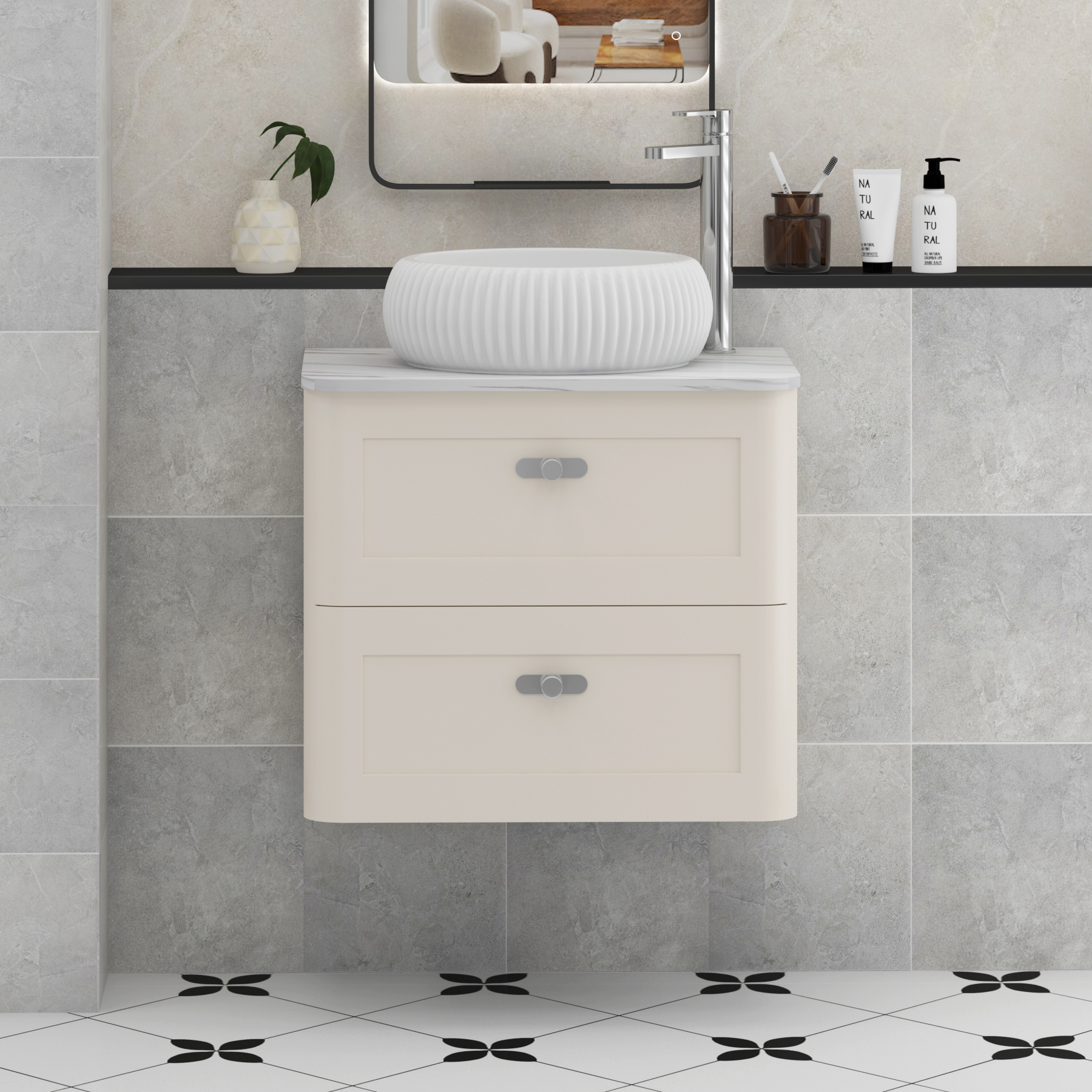 Henley Mushroom Cashmere Wall Hung Vanity Unit 2 Drawer with Carrara White Worktop & Various Basins & Knobs