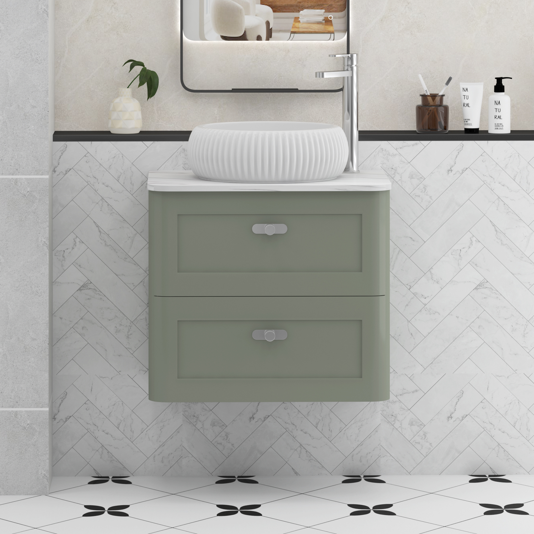 Henley Sage Green Wall Hung Vanity Unit 2 Drawer with Carrara White Worktop & Various Basins & Knobs