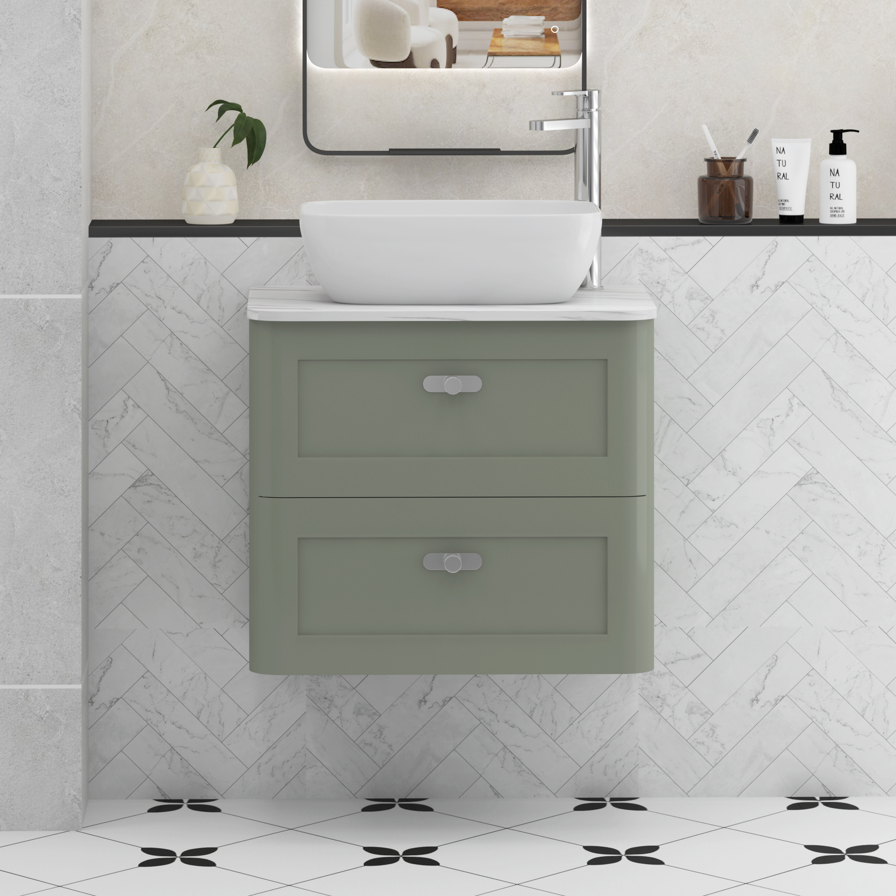 Henley Sage Green Wall Hung Vanity Unit 2 Drawer with Carrara White Worktop & Various Basins & Knobs