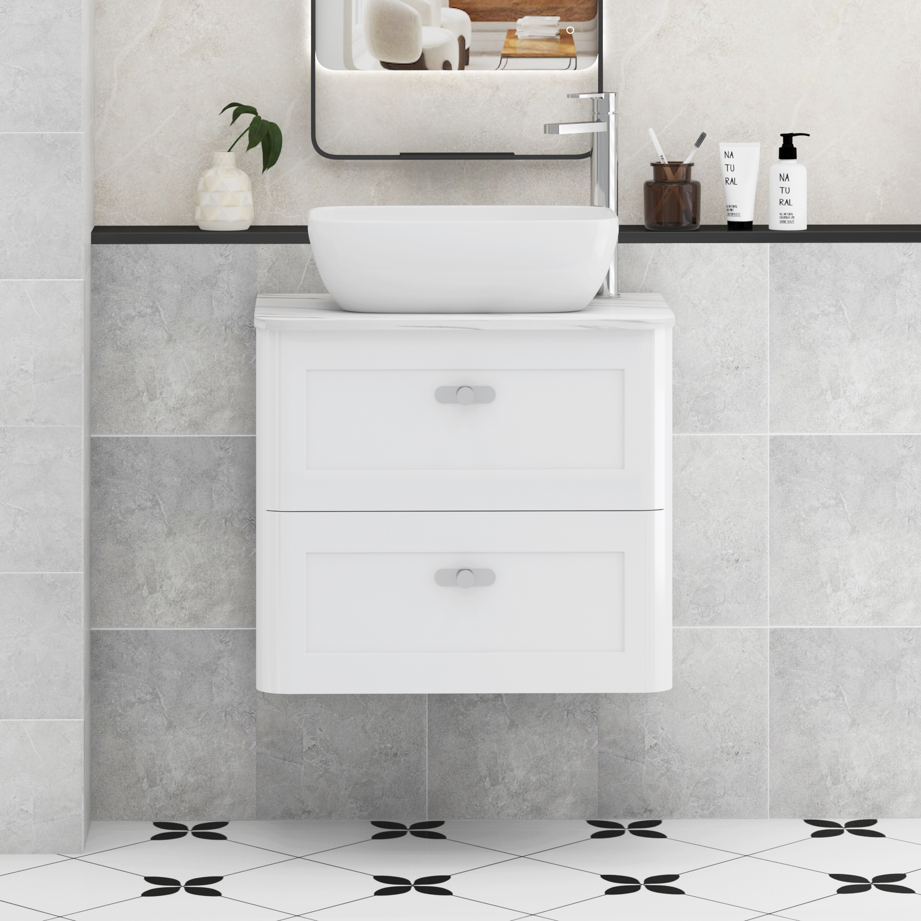 Henley Gloss White Wall Hung Vanity Unit 2 Drawer with Carrara White Worktop & Various Basins & Knobs